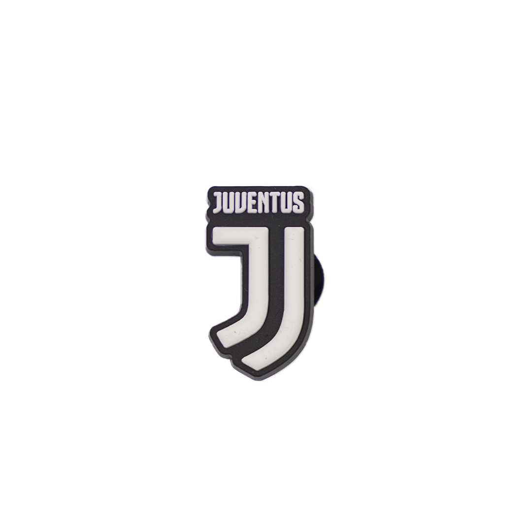A black and white Juventus Soccer Croc Charm featuring the football club's stylized "J" logo and wordmark.