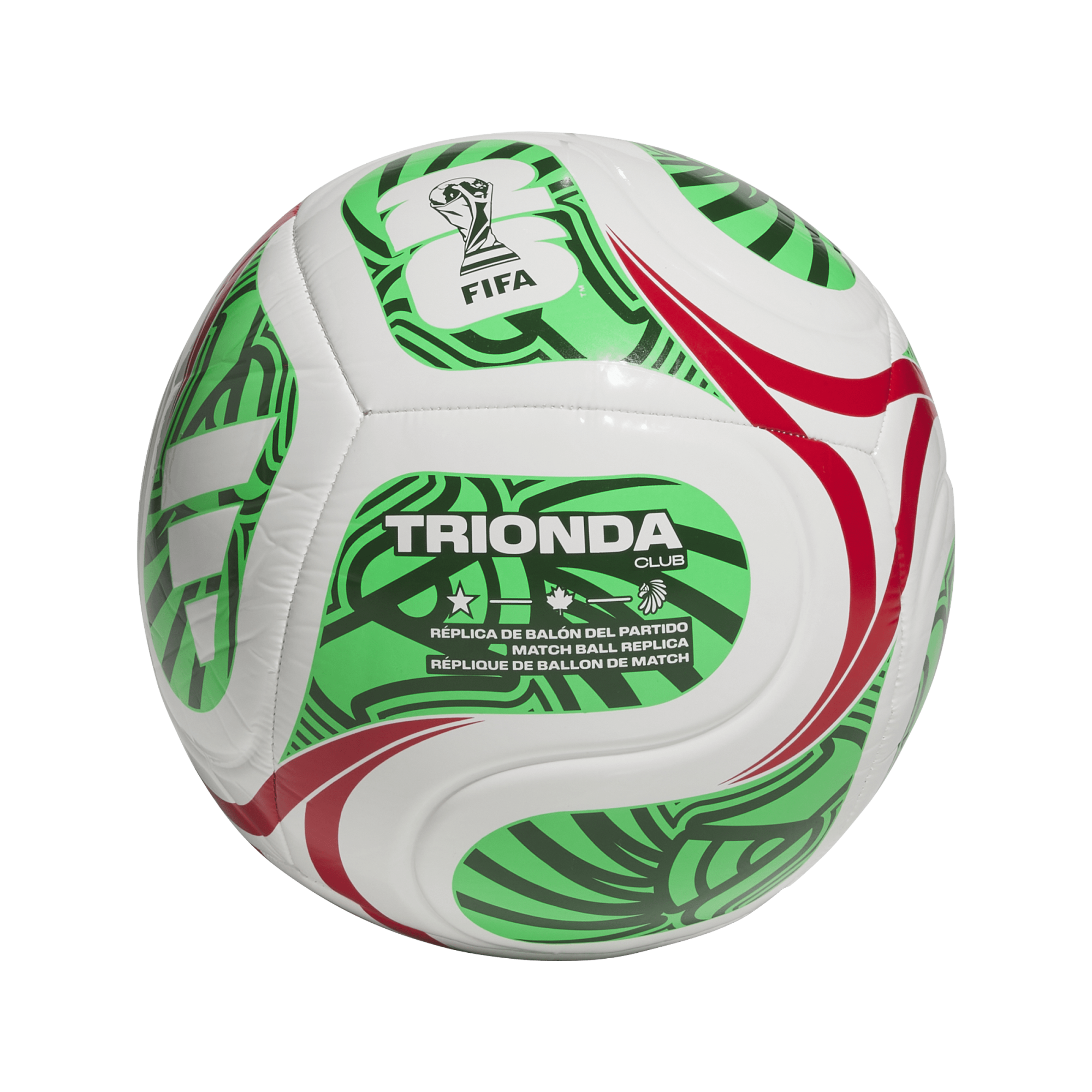 White soccer ball with green and red graphic patterns, featuring the FIFA logo, "TRIONDA CLUB" text, and icons representing the USA, Canada, and Mexico.