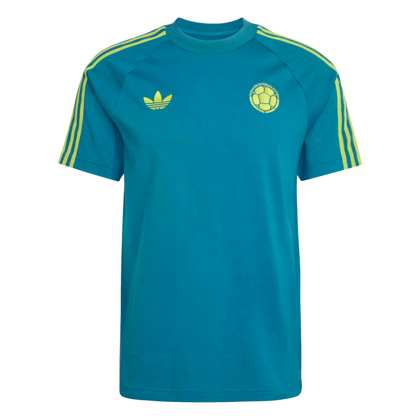 Teal Adidas t-shirt with yellow sleeve stripes, featuring a trefoil logo and Colombia football crest.