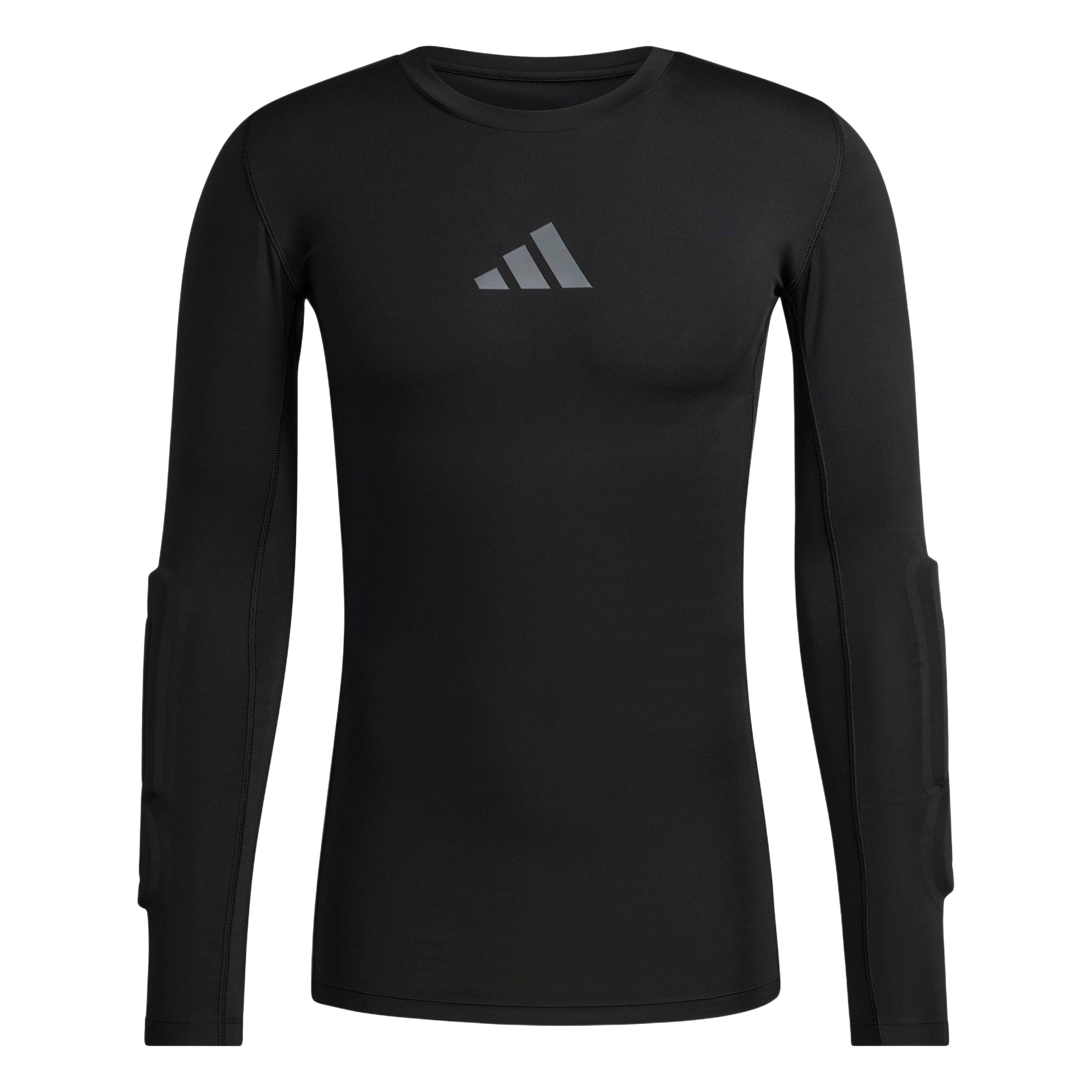 Black long-sleeved Adidas compression shirt with a grey logo on the chest and padded forearms.