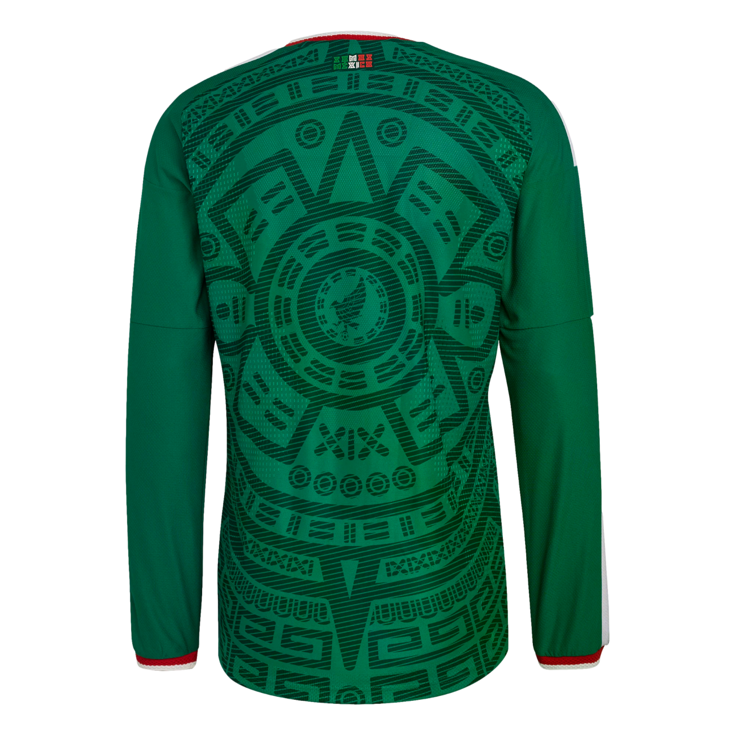Back view of a green Mexico soccer jersey featuring a detailed dark green Aztec-inspired pattern on the back and red and white trim on the cuffs.