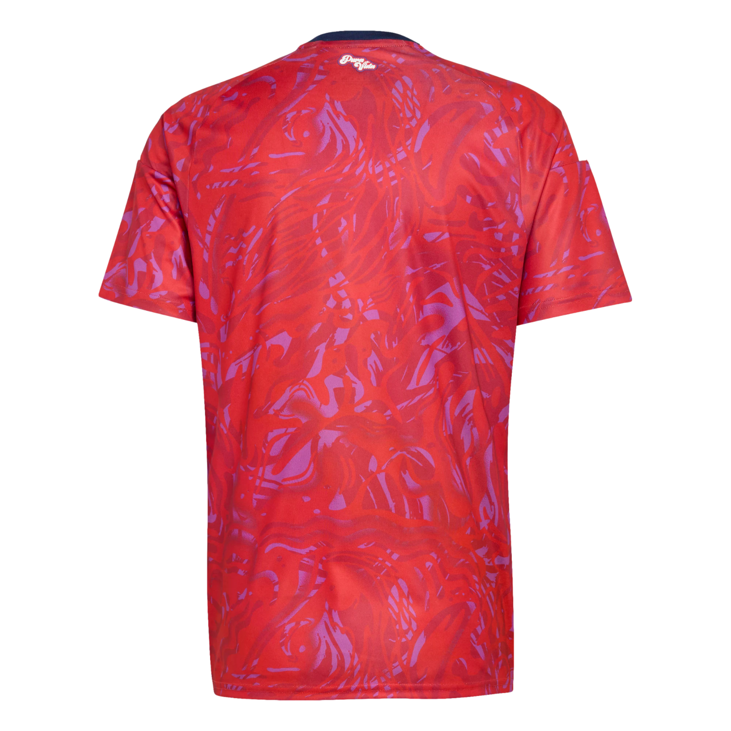 Back view of a red short-sleeved jersey with a purple abstract swirled pattern. A small white script logo is centered below the dark blue collar line.