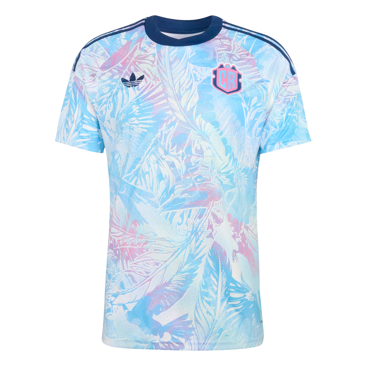 Light blue Adidas soccer jersey with a pink and blue feather pattern, navy collar and stripes, and a pink "CR" crest on the left chest.