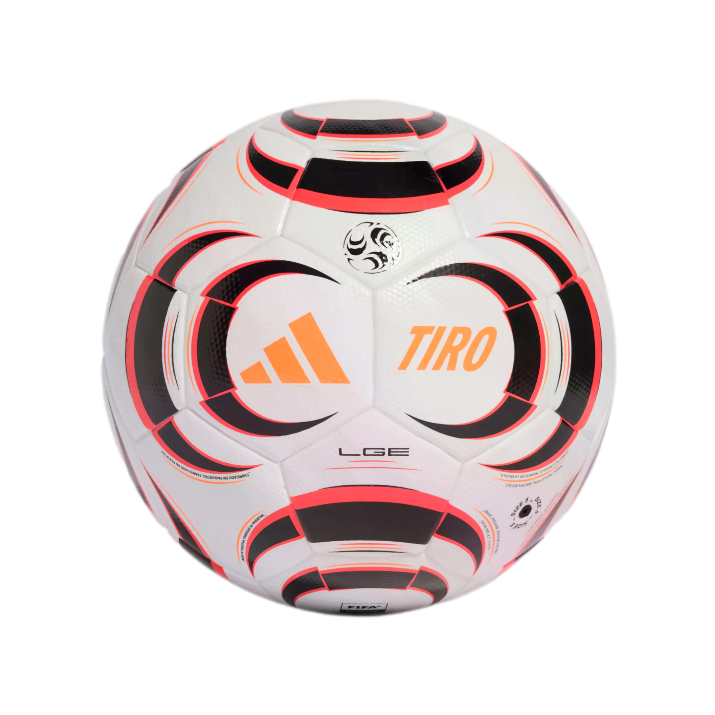 An Adidas Tiro LGE soccer ball with a white surface, black and red curved graphics, and orange Adidas and "TIRO" logos.