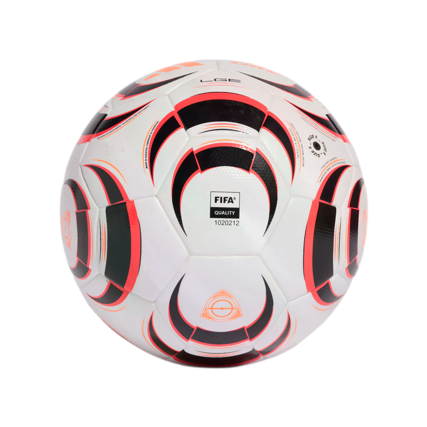 White soccer ball featuring black and coral curved graphic patterns and a FIFA Quality seal.