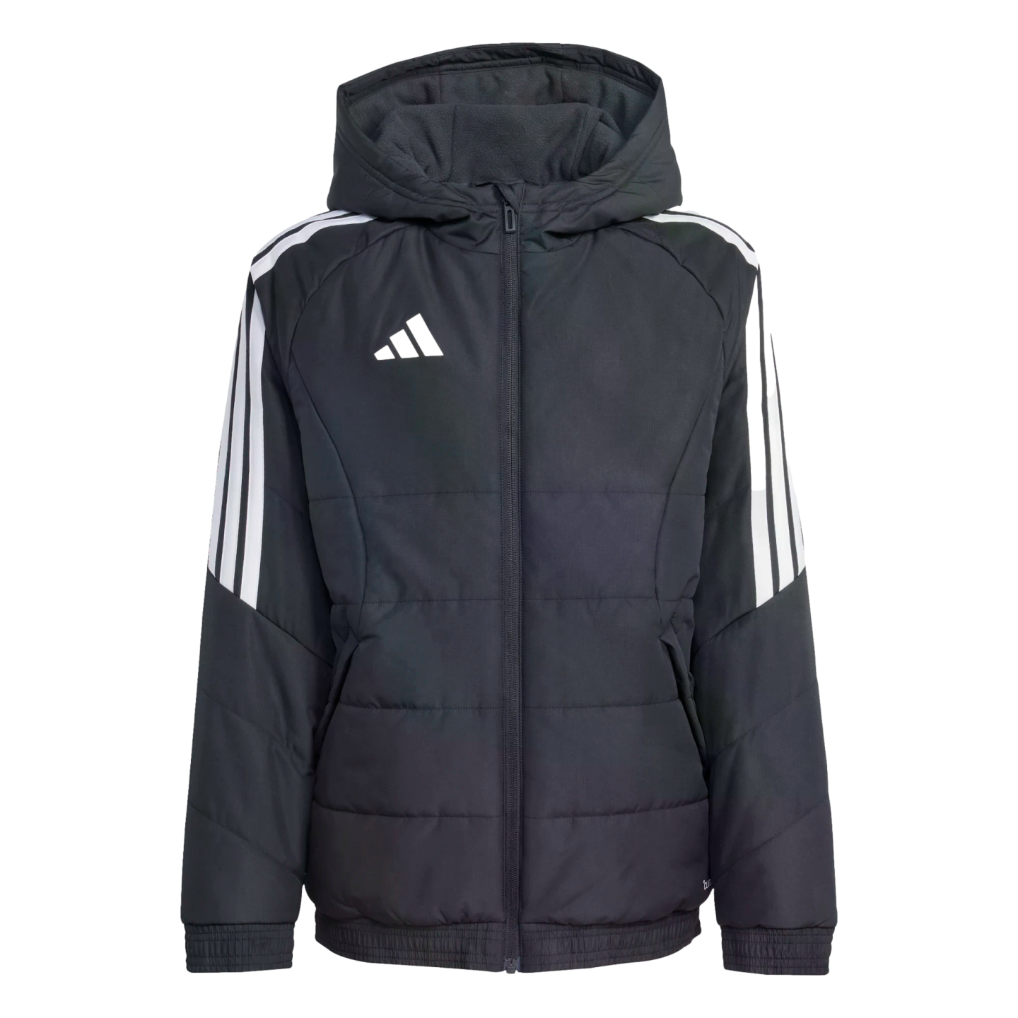 A black Adidas hooded puffer jacket with white stripes on the shoulders and sleeves, a full-zip front, and horizontal quilting.