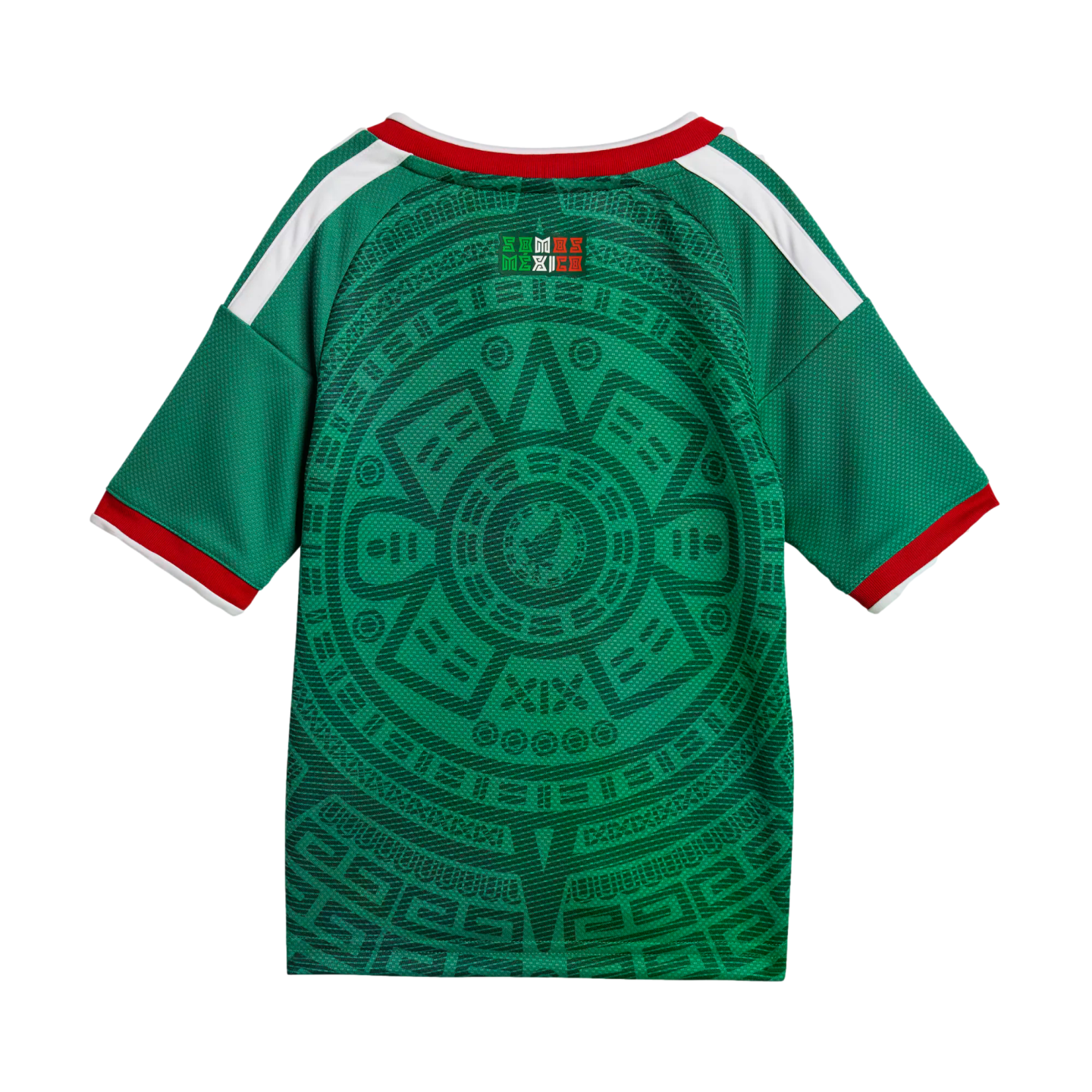 Green soccer jersey back with a large Aztec sun stone pattern, red and white trim, and white shoulder stripes.