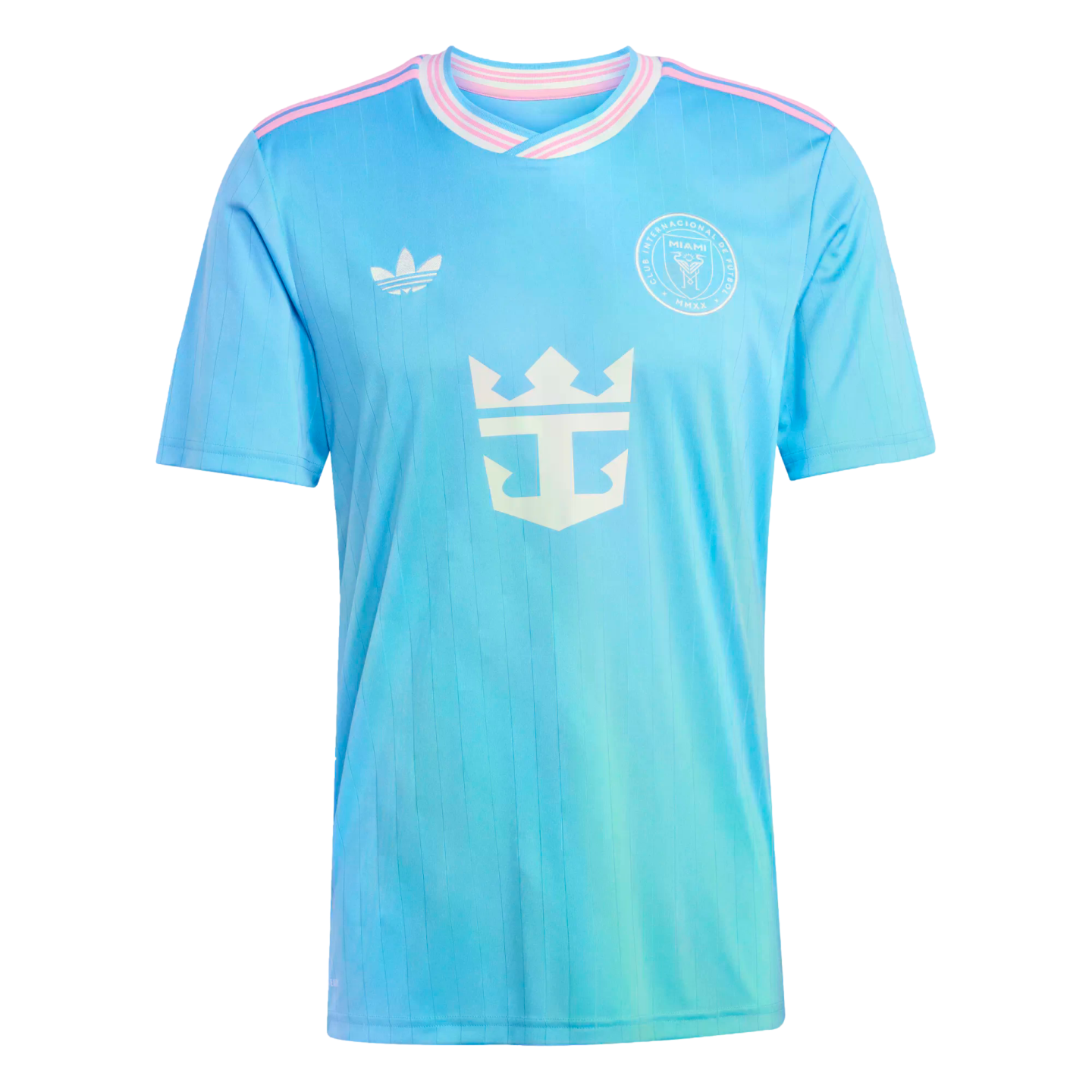 Inter Miami light blue soccer jersey with pink and white trim, featuring the Adidas logo, team crest, and a large Royal Caribbean sponsor logo in white.