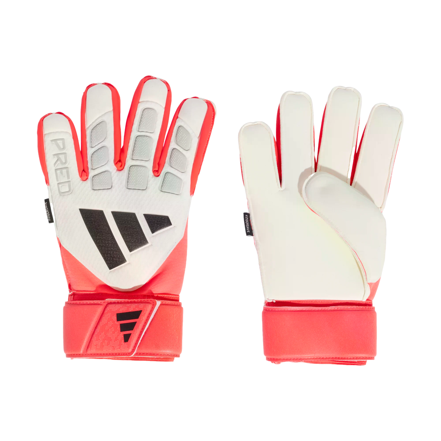 Front and palm views of white and coral Adidas Predator goalkeeper gloves with black branding, set against a black background.