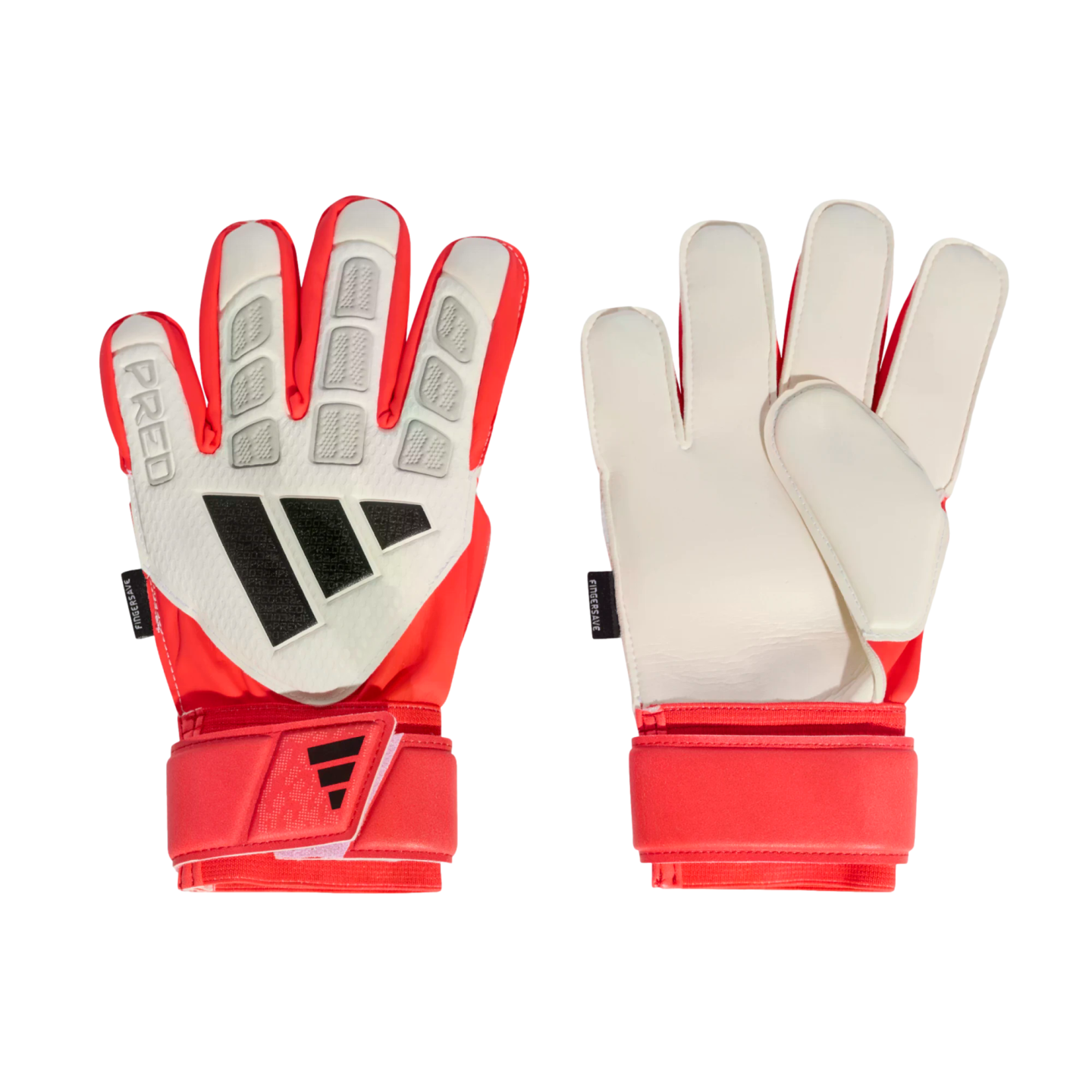 Red and white Adidas Predator goalkeeper gloves. The left shows the textured backhand with black stripes; the right shows the smooth white palm. Both feature red wrist straps.