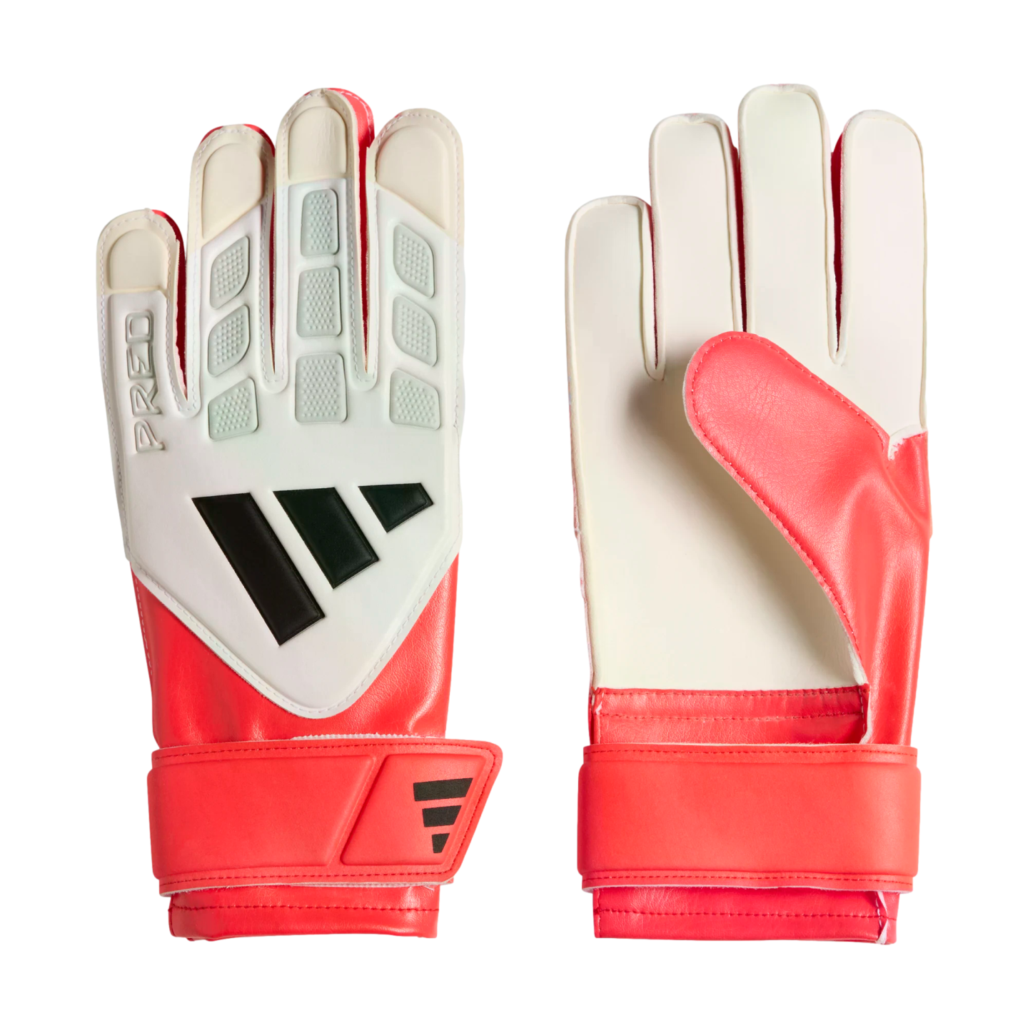 Red and white Adidas Predator goalkeeper gloves showing both the palm and backhand views.