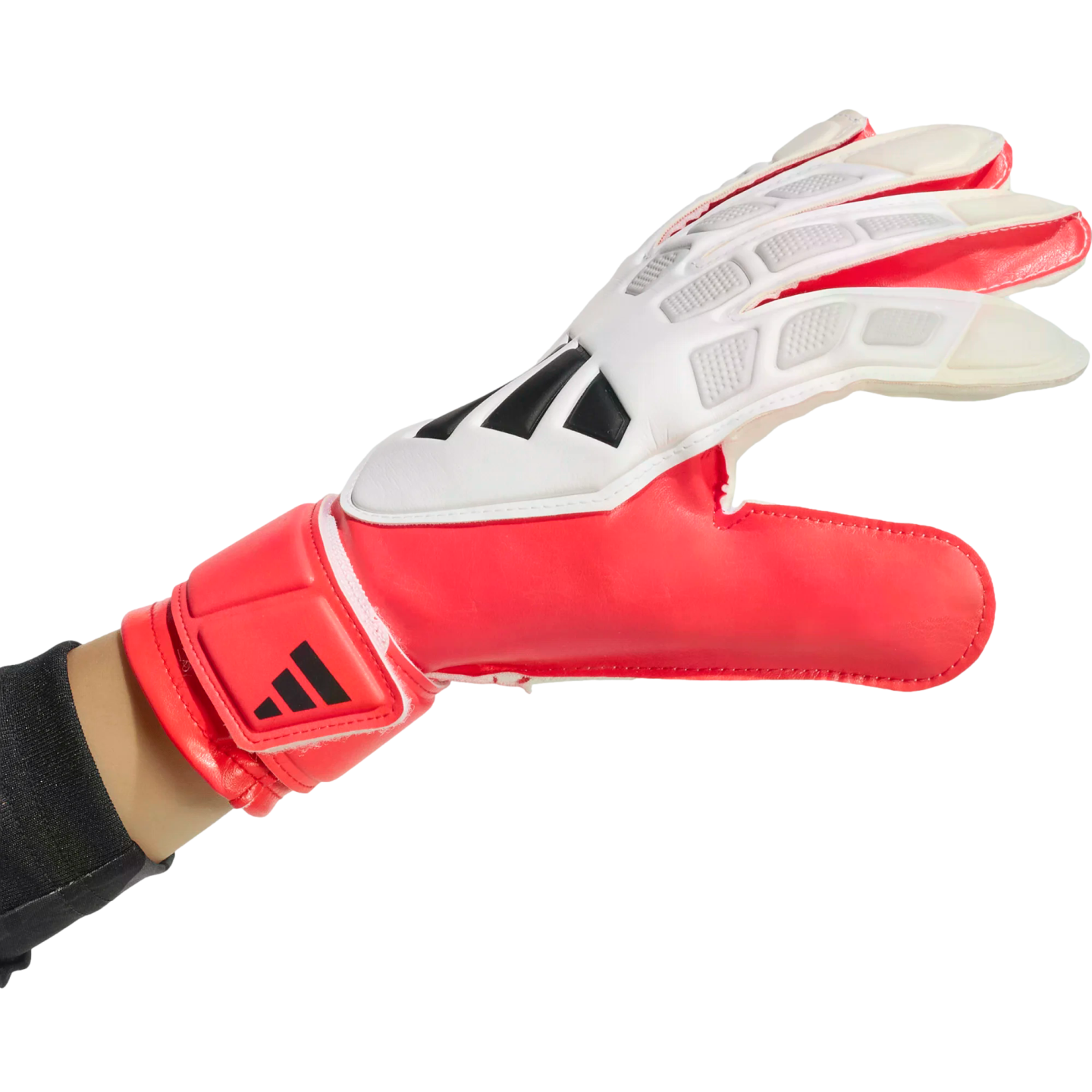 Red and white Adidas goalkeeper glove worn on a hand, set against a solid black background.