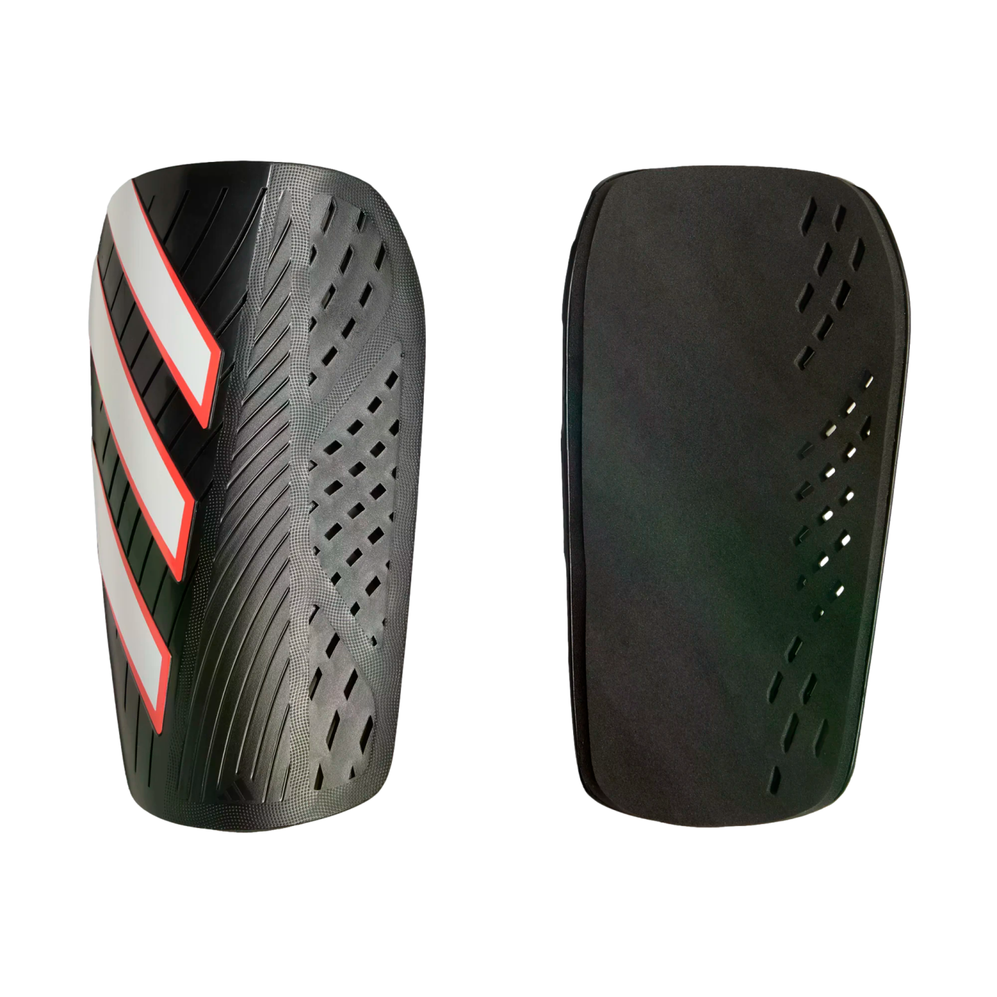 Front and back views of a black soccer shin guard with three white and red stripes on the front shell and a foam backing, shown against a black background.