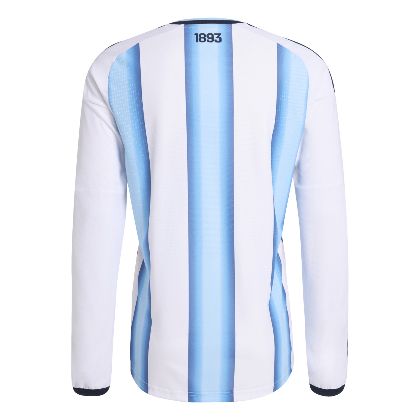 Back of a white long-sleeved jersey with light blue vertical gradient stripes. The numbers "1893" are printed in black at the top center.