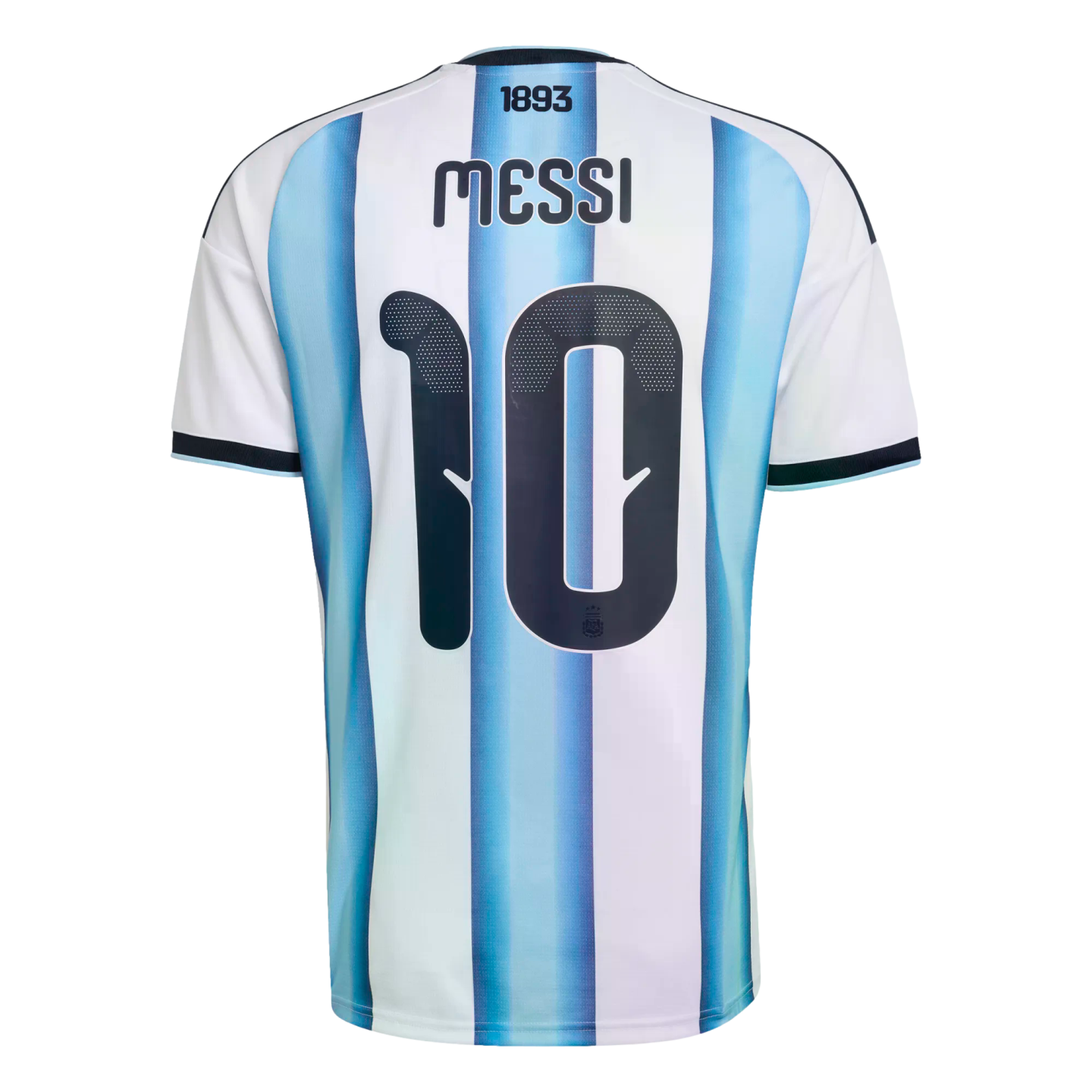 Back view of an Argentina national football jersey with light blue and white stripes, featuring the name "MESSI" and the number "10" in dark navy print.