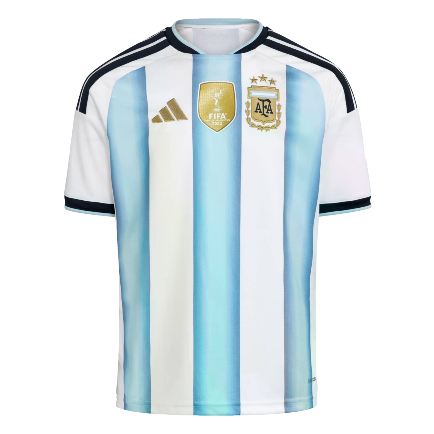 Argentina home football jersey with light blue and white vertical stripes, featuring gold FIFA World Champions 2022 badge, AFA crest with three stars, and gold Adidas logo.