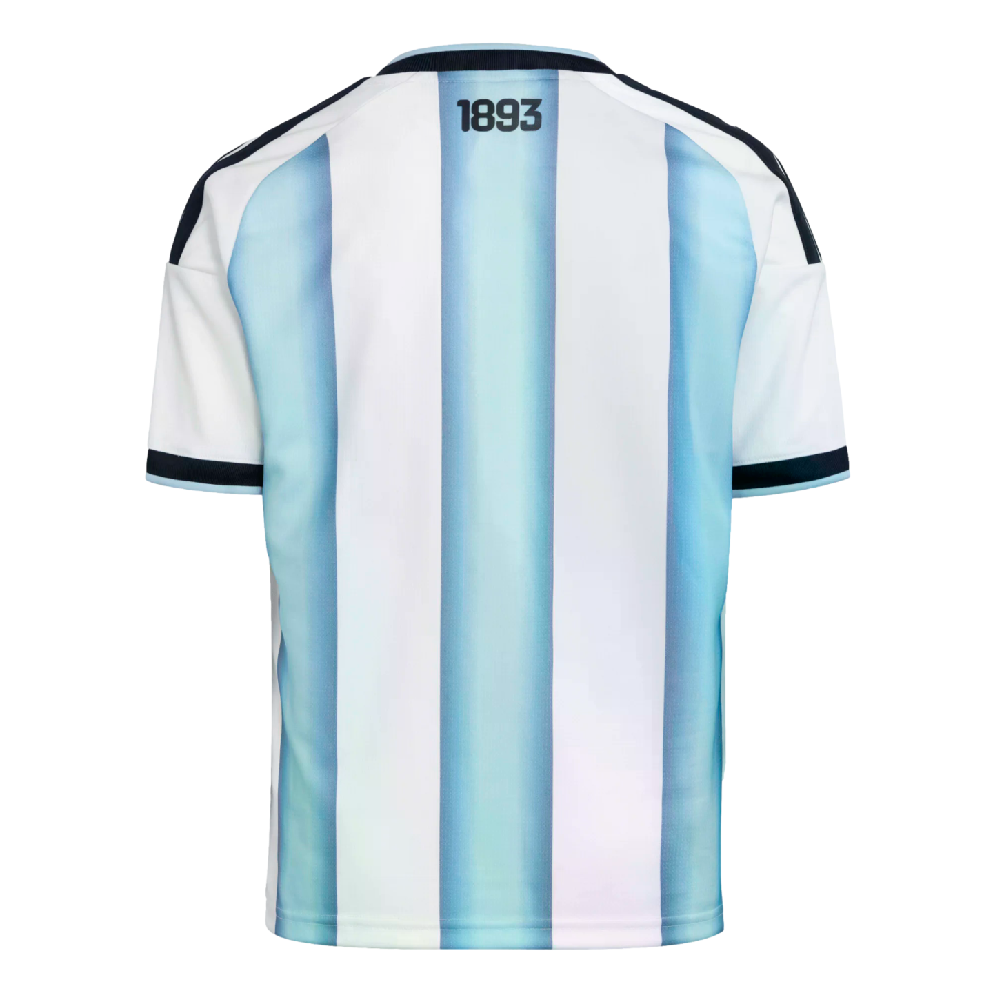 The back of a light blue and white striped soccer jersey with "1893" printed in black below the collar. It features black trim on the neck and sleeves.