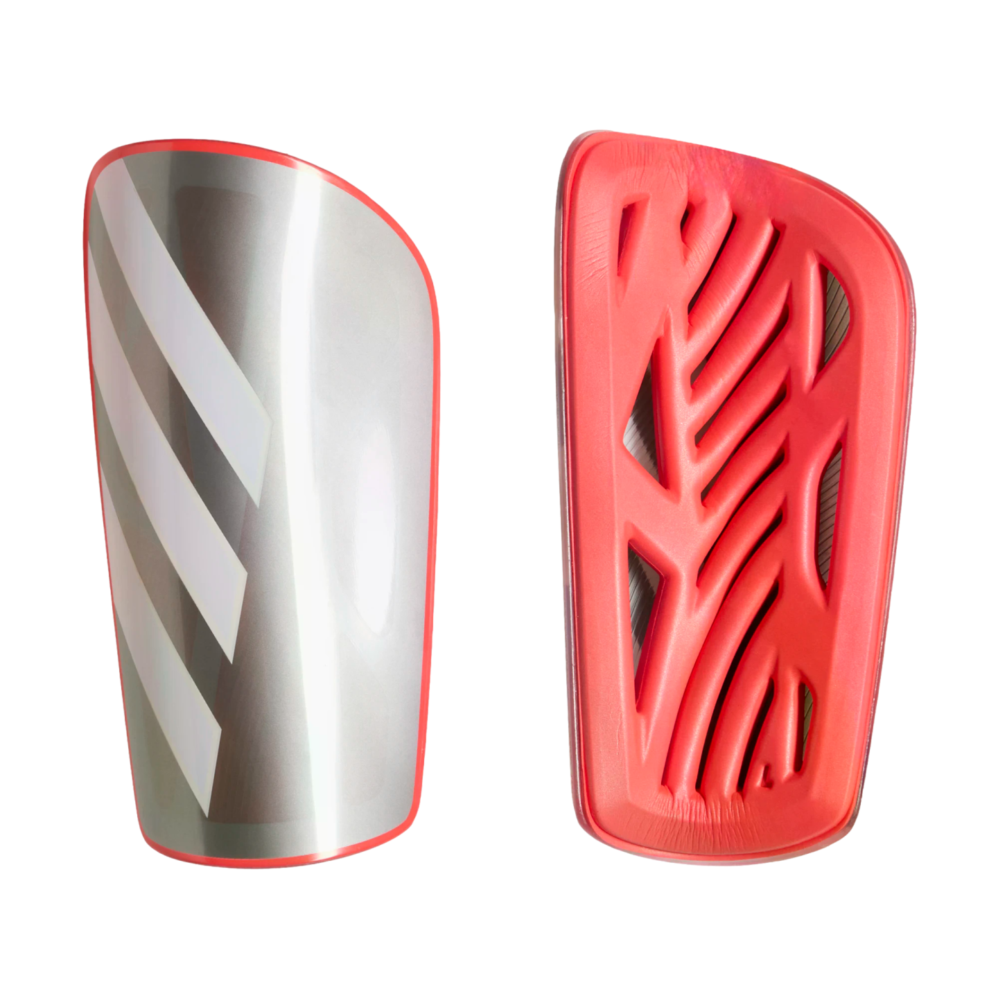 Two shin guards: one silver with white stripes and red trim, the other showing a red foam backing with an intricate ventilation pattern.