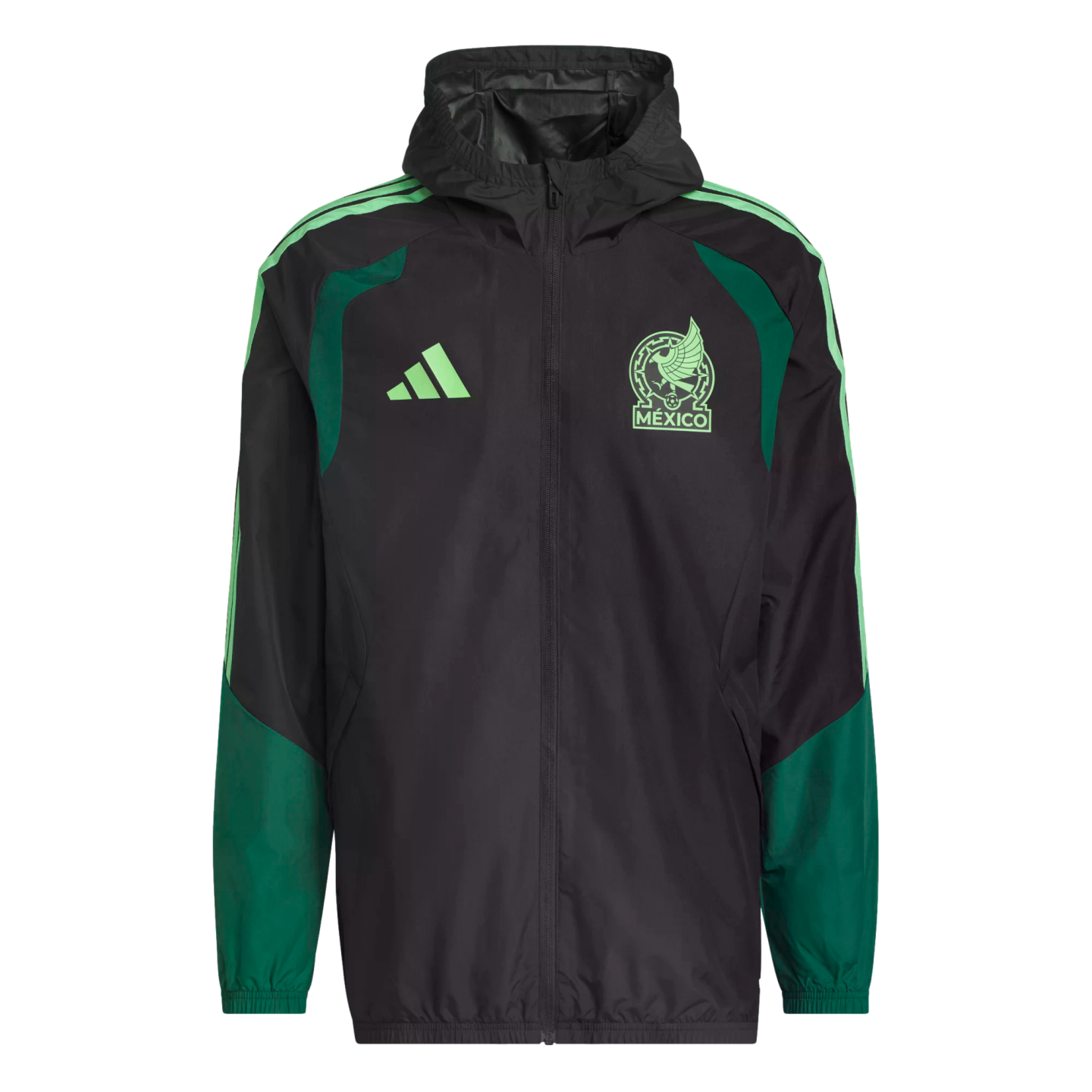 Black and green Adidas Mexico national football team hooded windbreaker with team crest and light green accents.