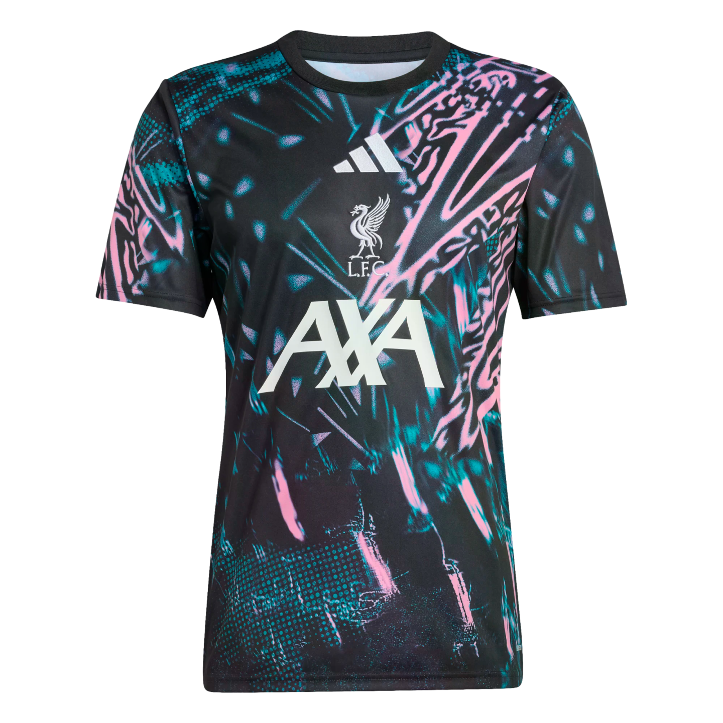 Liverpool FC Adidas training jersey with a black, teal, and pink abstract graphic. White club crest, Adidas, and AXA logos are centered on the front.