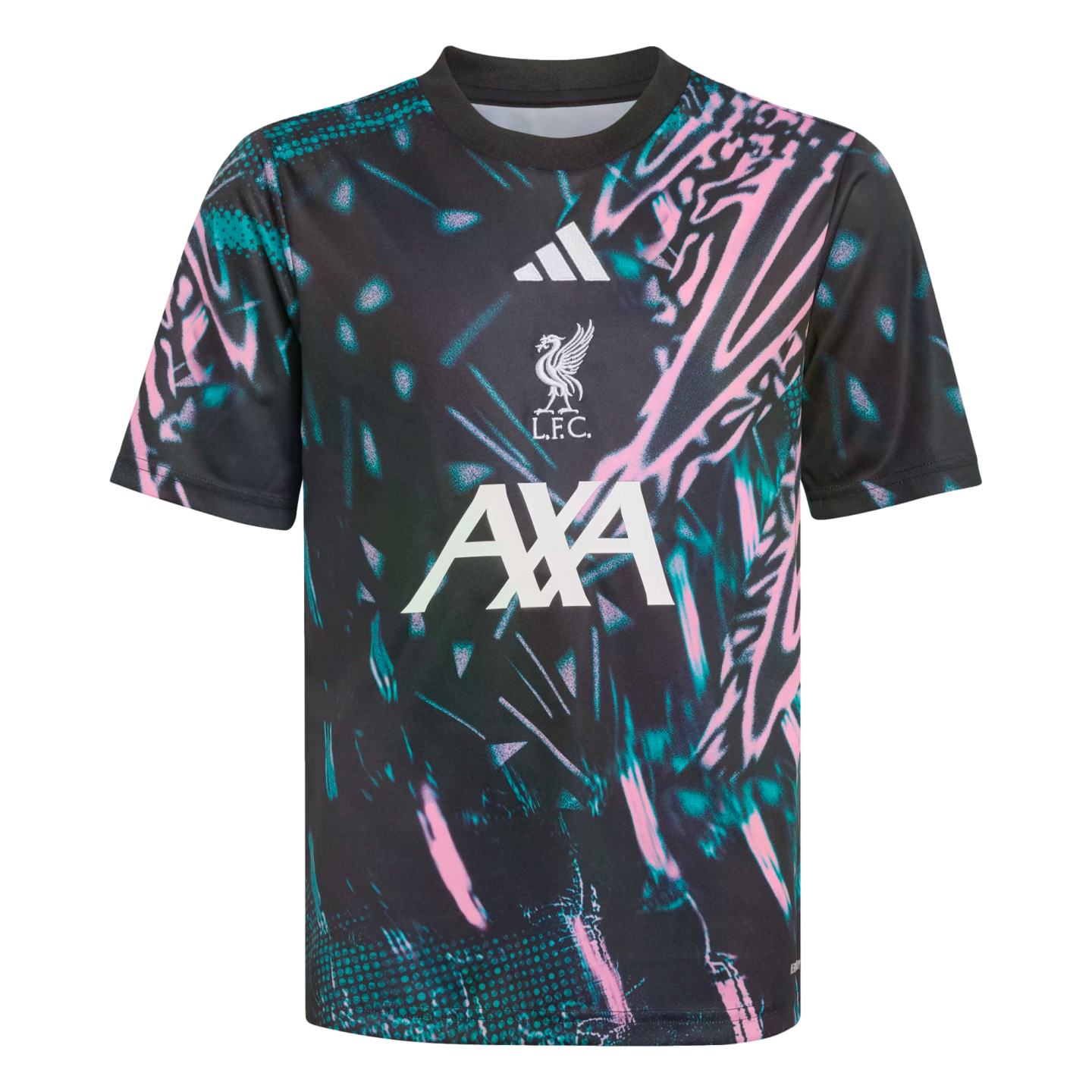 Black Liverpool F.C. training shirt featuring a neon pink and teal abstract graphic. White Adidas, LFC crest, and AXA sponsor logos are centered on the front.