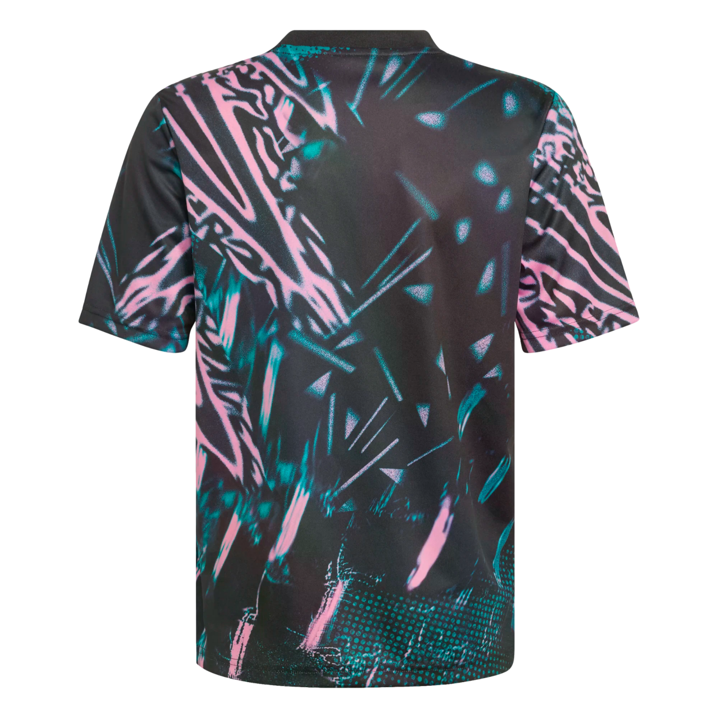 Back view of a black t-shirt with an abstract neon pink and teal spray-paint pattern.