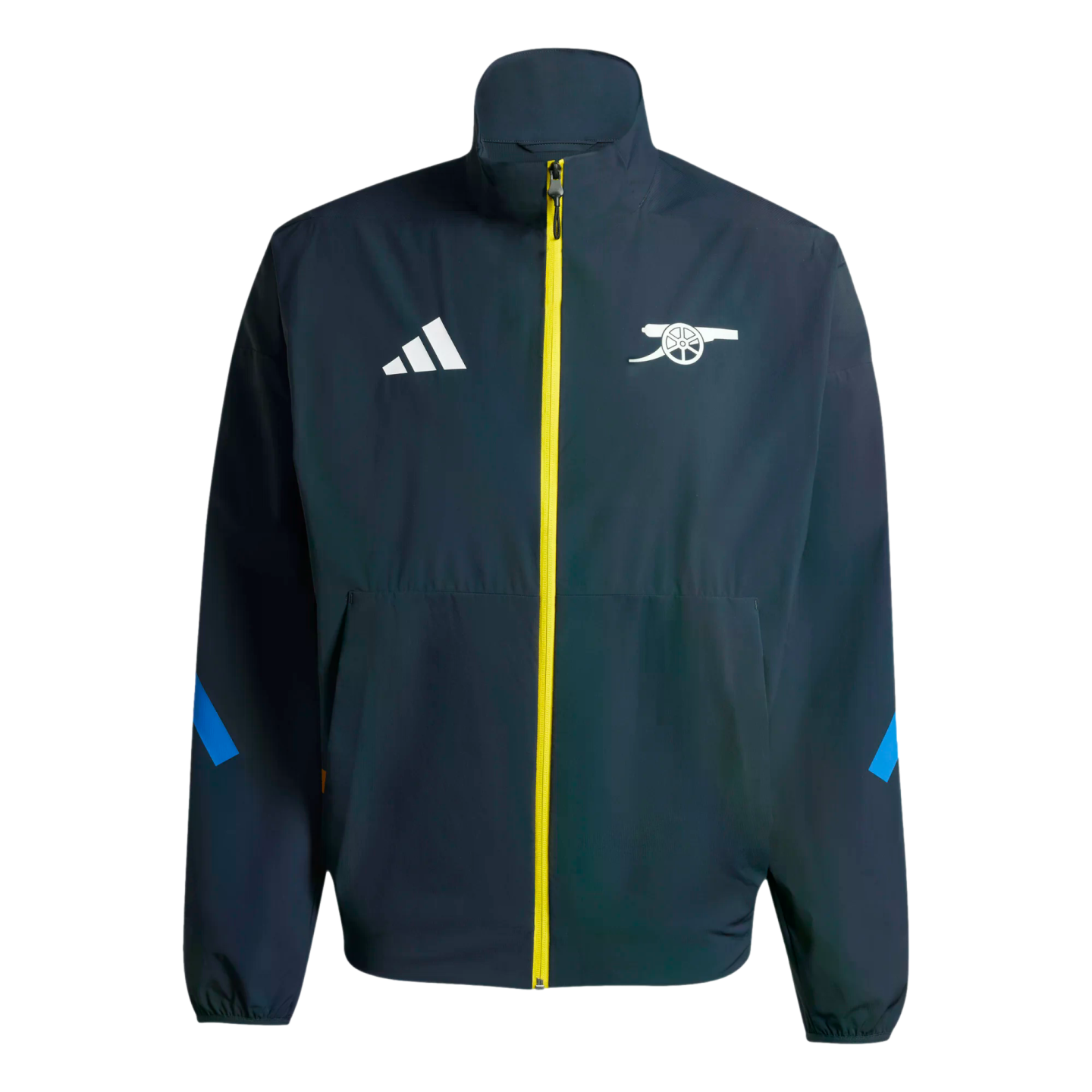 Navy blue Adidas windbreaker with a bright yellow zipper, white Adidas logo on the right chest, white Arsenal FC crest on the left, and blue accents on the sleeves.