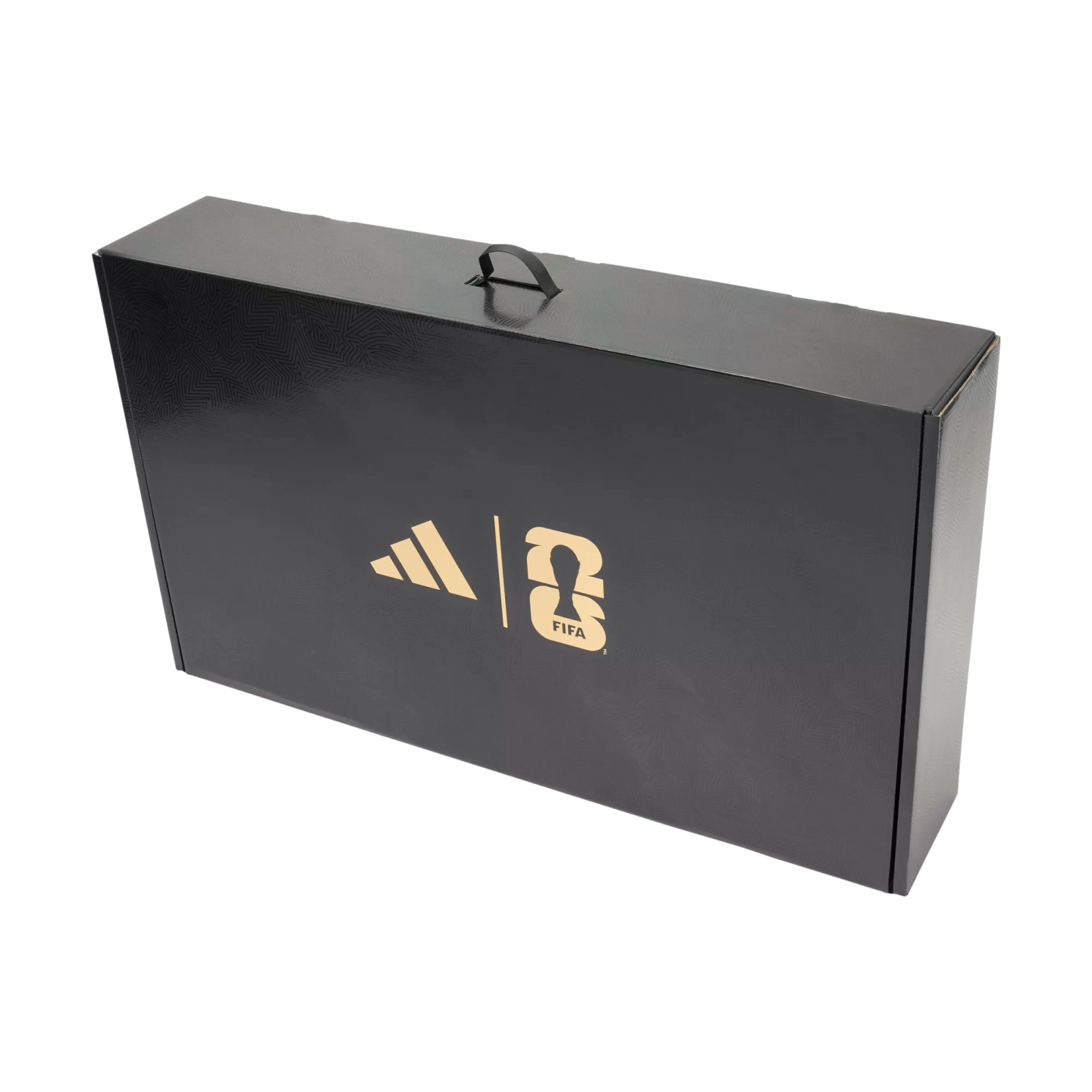 A black textured briefcase-style box featuring a gold Adidas logo and the FIFA World Cup 2026 logo on its front side.