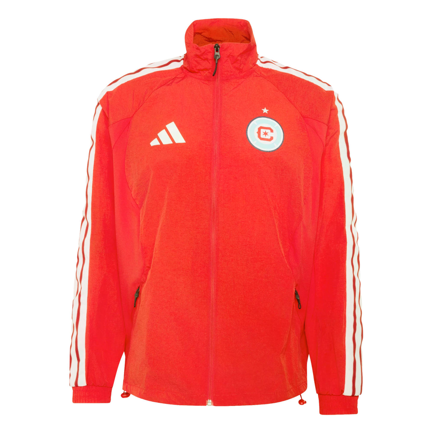 A red Adidas track jacket with three white stripes along the sleeves and the Chicago Fire FC crest on the left chest.