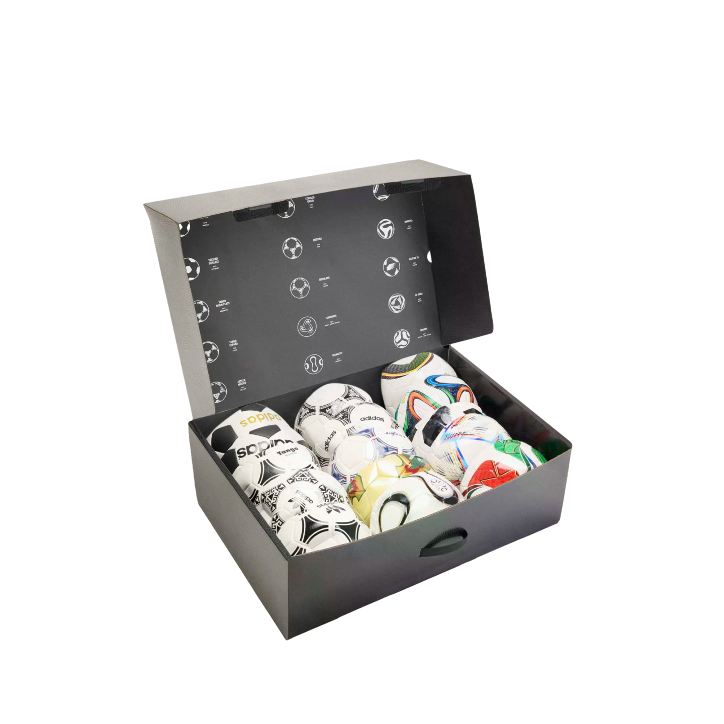 An open black box filled with diverse Adidas soccer balls, featuring historical ball designs on the inner lid.