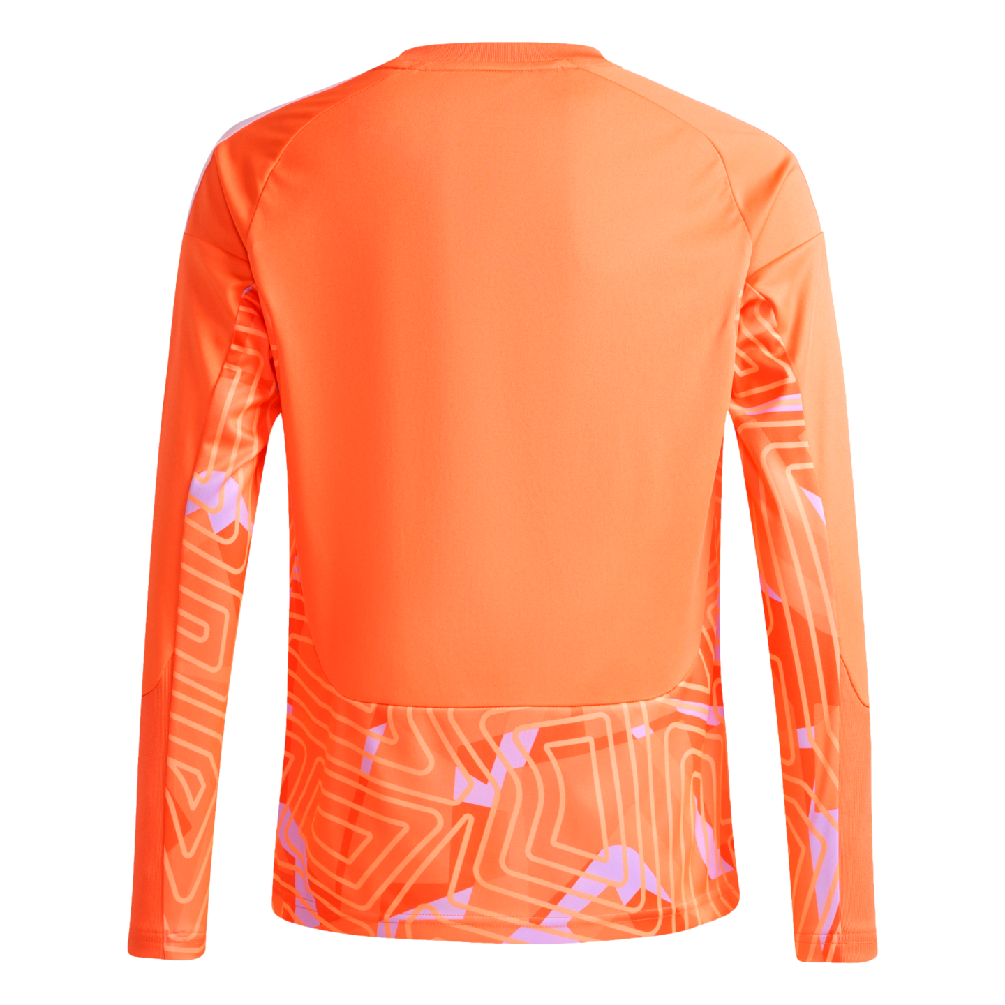 Back view of an orange long-sleeved sports jersey with a geometric pattern on the sleeves and lower back.