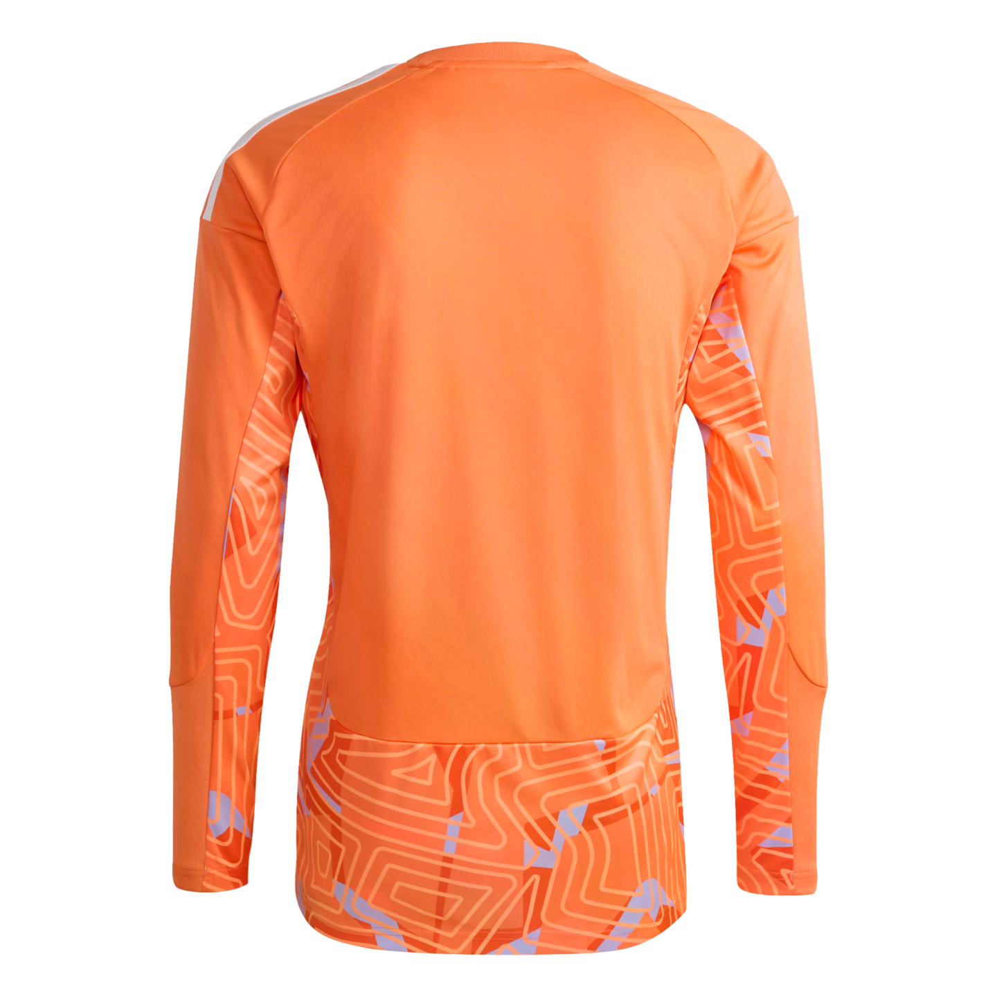 Back view of an orange long-sleeved sports jersey with a geometric pattern on the lower hem and sleeves. White stripes are on the shoulders, shown against a black background.