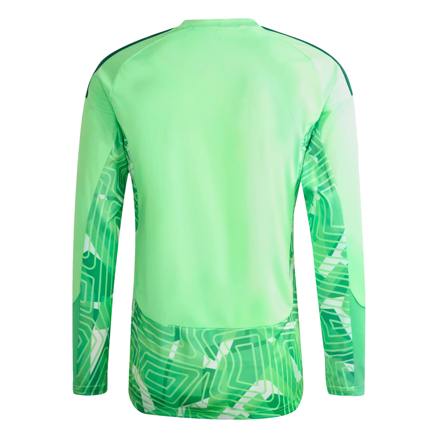 Back view of a long-sleeved green athletic jersey with a solid light-green center and geometric maze patterns on the sleeves and bottom hem.
