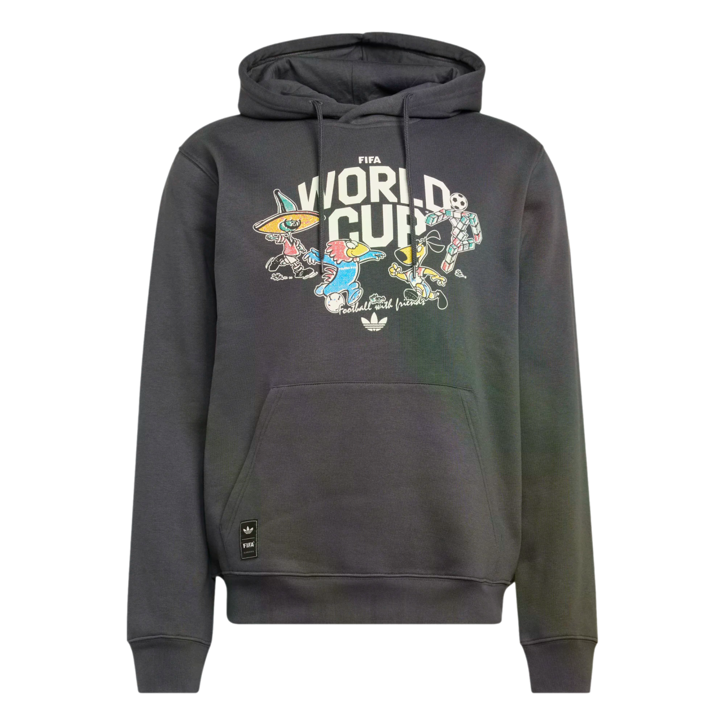 Charcoal grey Adidas hoodie with a colorful graphic of FIFA World Cup mascots and the text "FIFA WORLD CUP" and "Football with friends."