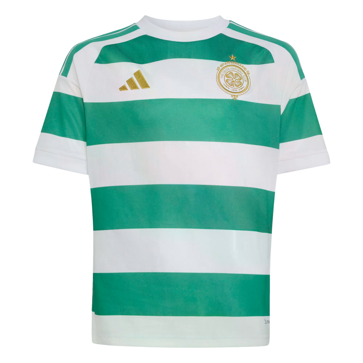 Celtic FC home football jersey with green and white horizontal hoops, featuring a gold Adidas logo and gold club crest.