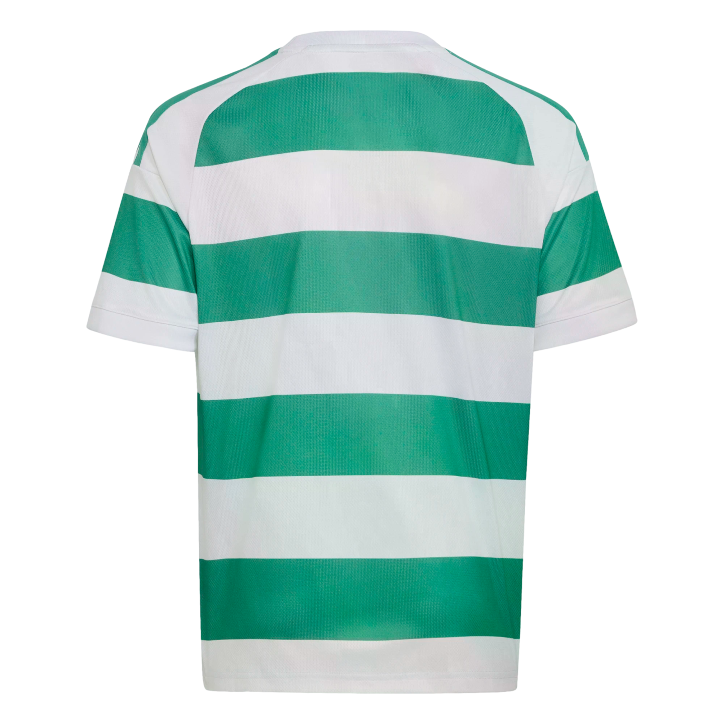 The back view of a short-sleeved sports jersey with horizontal green and white stripes (hoops) on a white background.