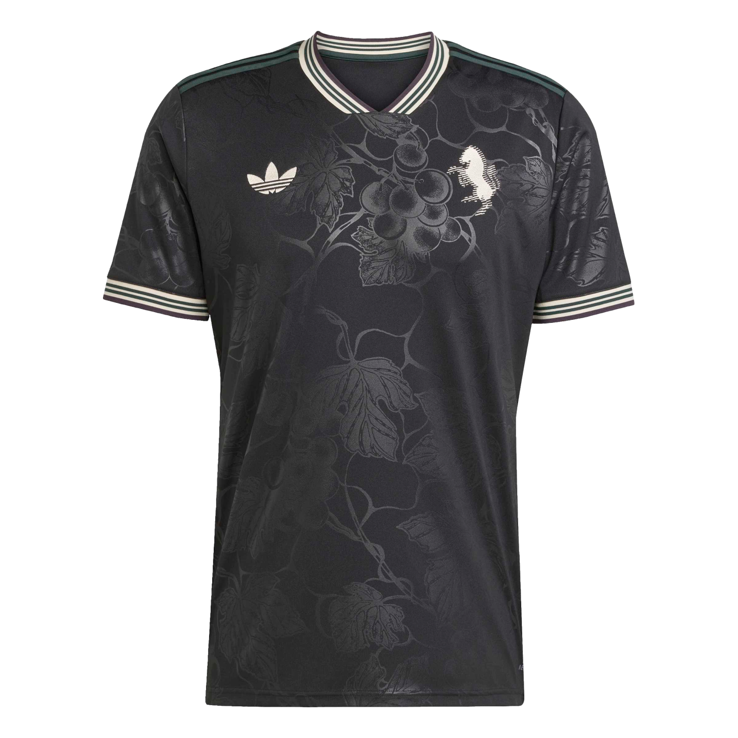 Black Adidas soccer jersey with tonal grape vine patterns, a white crest, and green and white striped collar and cuffs.