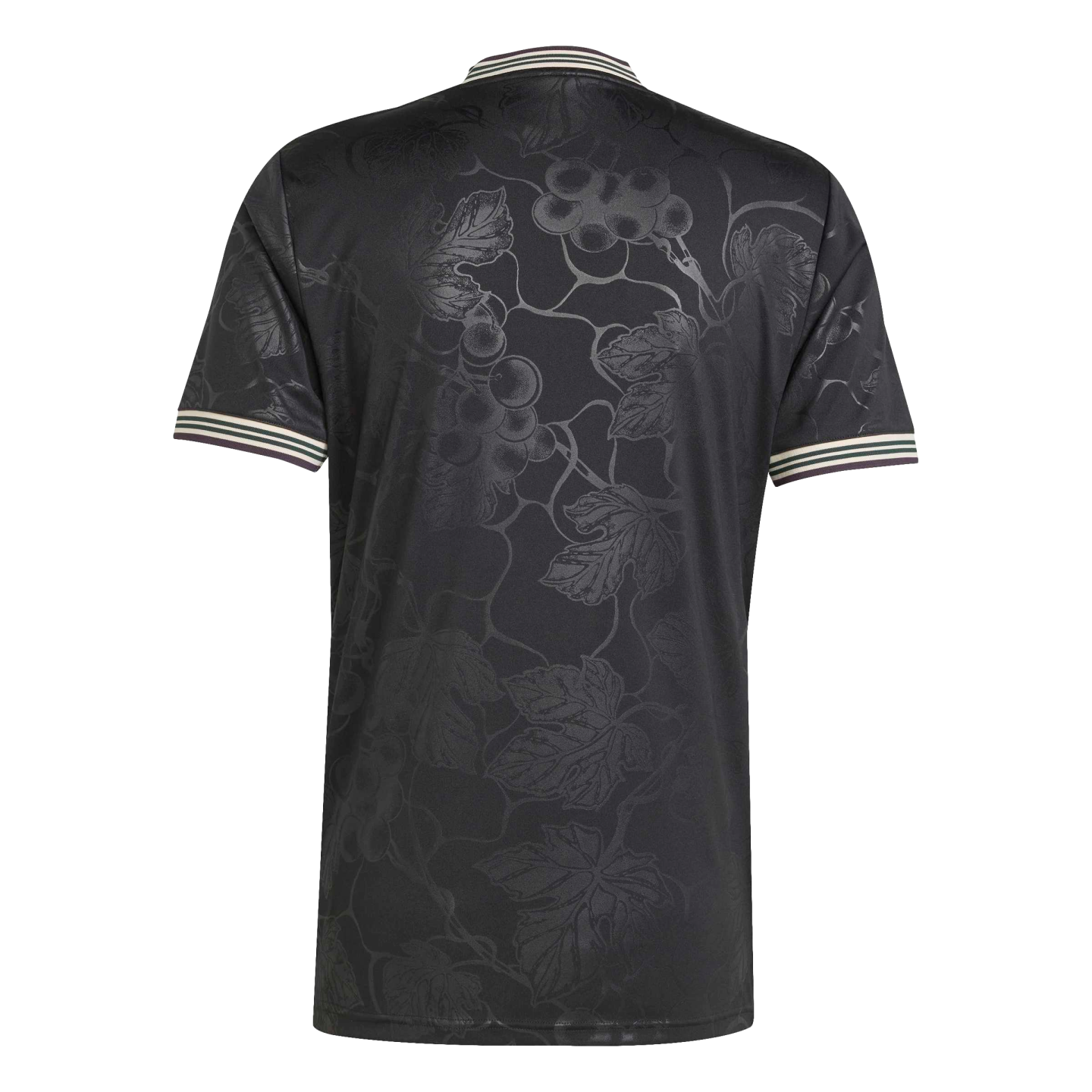 Back view of a black short-sleeved jersey with a tonal grapevine and leaf pattern. White and maroon stripes accent the collar and sleeve cuffs.