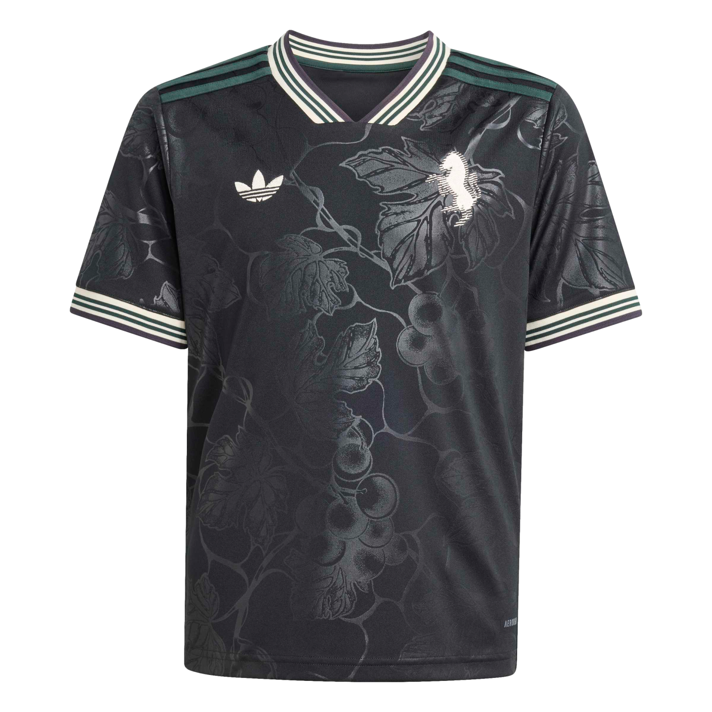 Black Adidas jersey with a tonal grapevine print, white logos, and teal-and-white striped V-neck and sleeve cuffs.