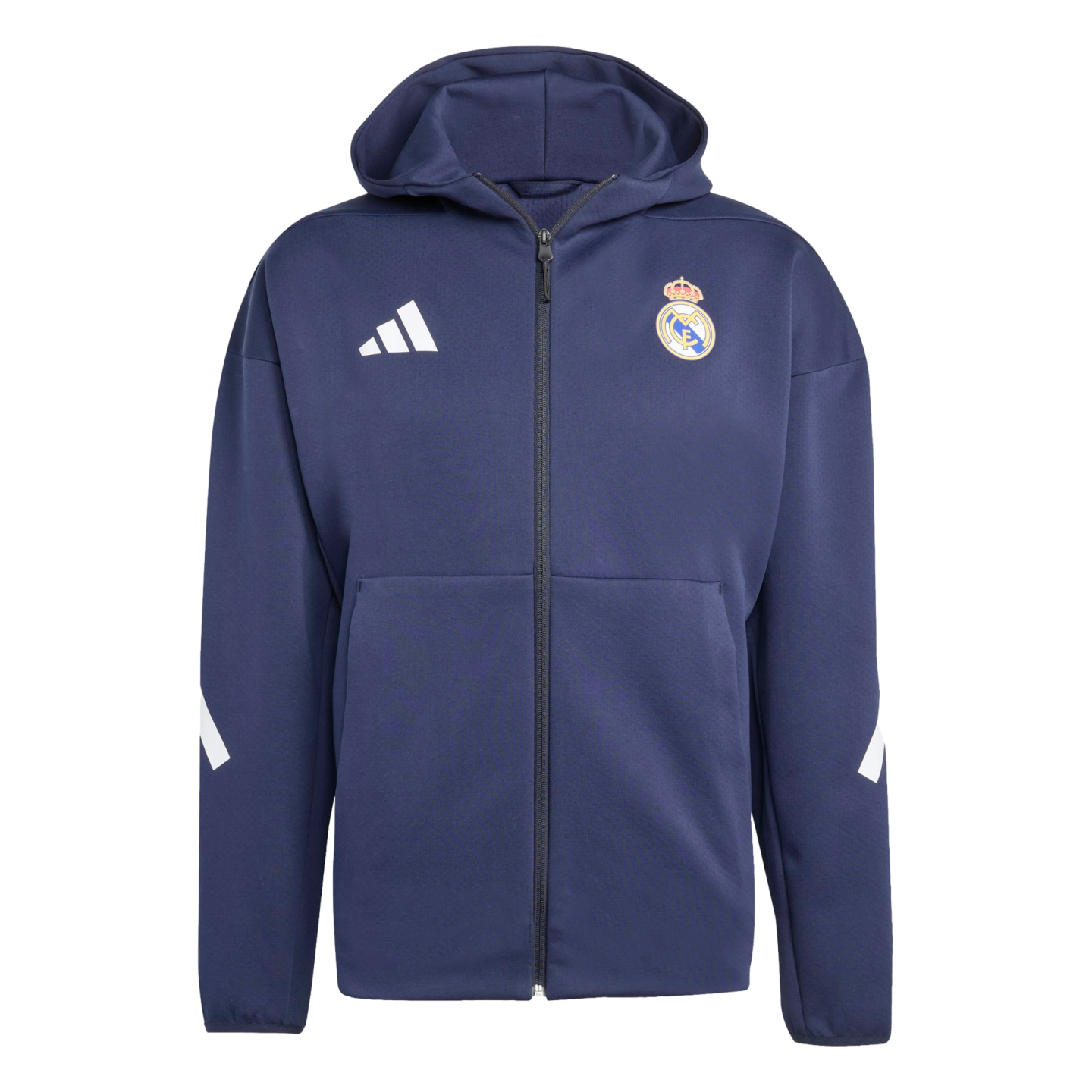 A navy blue Adidas full-zip hoodie featuring the Real Madrid club crest and white Adidas logo.