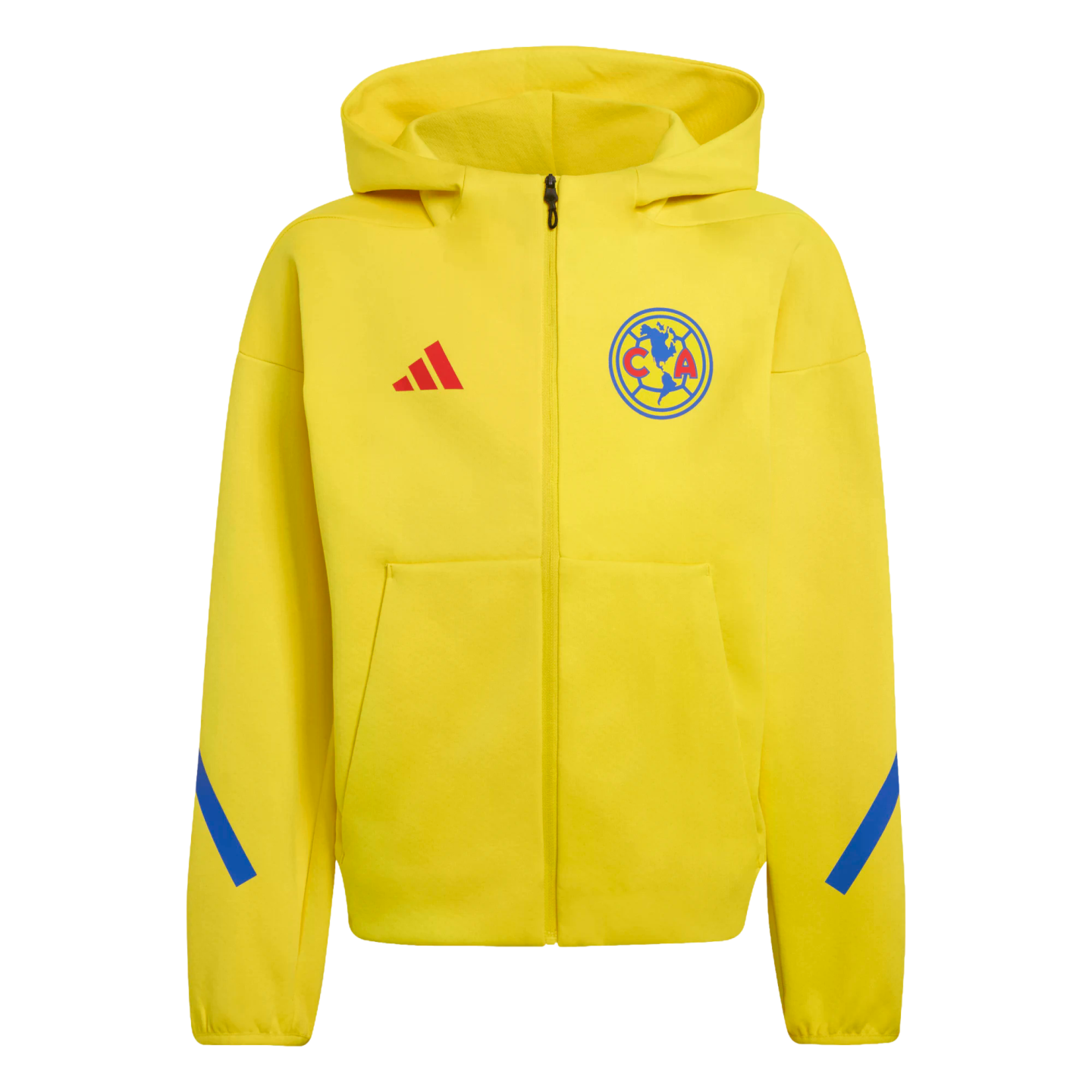 Yellow Adidas zip-up hoodie featuring a Club América crest and red logo. It has a hood, side pockets, and blue diagonal stripes on the lower sleeves.