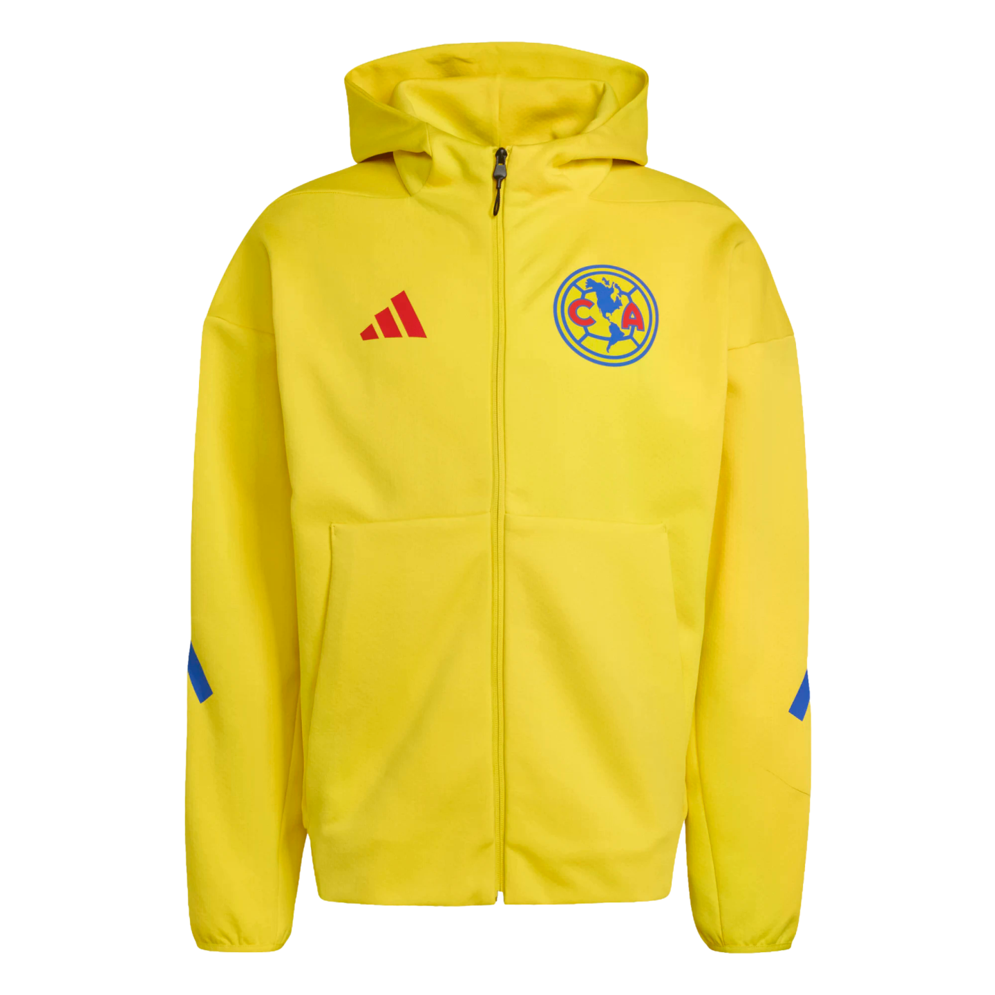 Bright yellow Adidas full-zip hoodie featuring the Club América crest on the left chest and a red logo on the right.