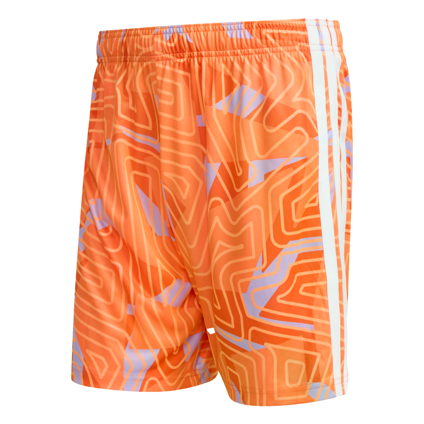 Bright orange athletic shorts with three white side stripes. The fabric features an abstract, maze-like geometric pattern in orange and light purple. Elastic waistband.