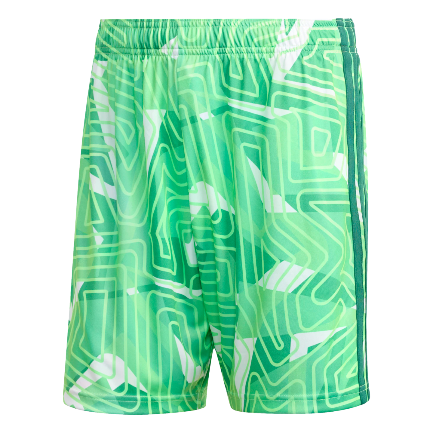 Green athletic shorts with an abstract geometric pattern in shades of green and white, featuring an elastic waistband and three vertical side stripes.