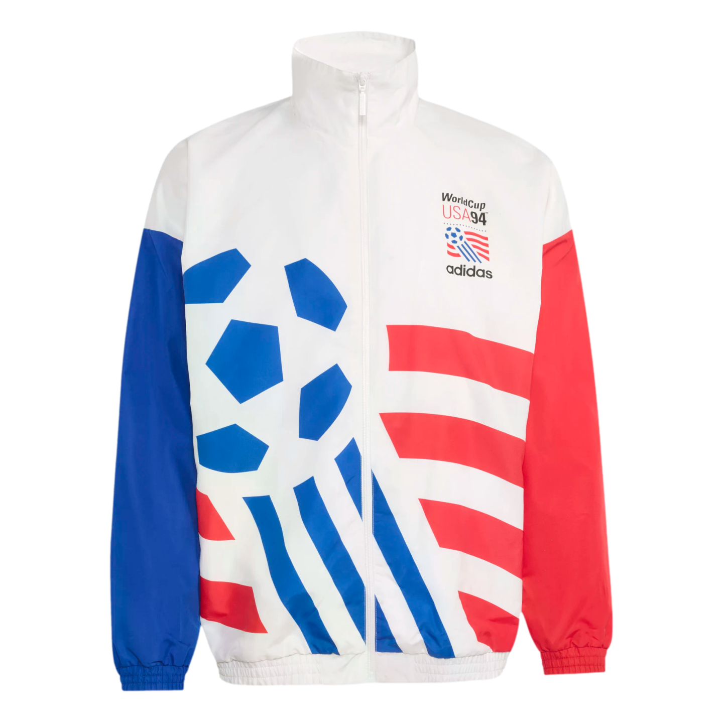A white Adidas zip-up windbreaker jacket featuring the 1994 World Cup USA logo on the chest. The jacket has a solid blue right sleeve, a solid red left sleeve, and a large graphic design on the front with a blue soccer ball pattern and red horizontal stri