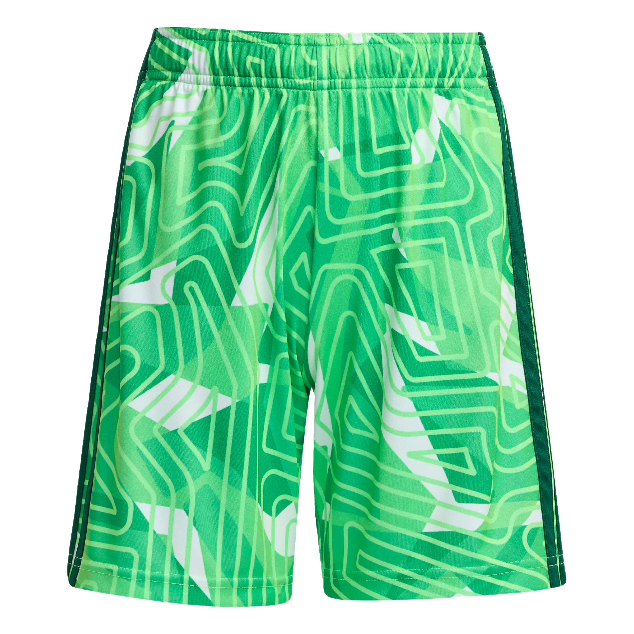 Green athletic shorts with an all-over geometric pattern of lime and forest green lines, featuring an elastic waistband and dark green side stripes.