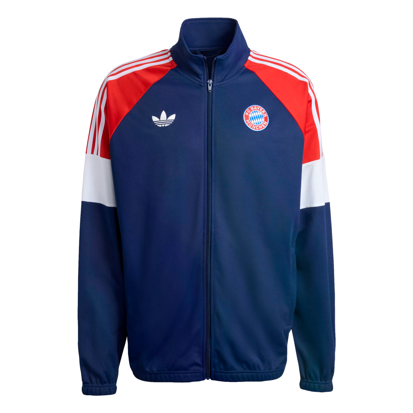Navy blue Adidas FC Bayern München track jacket with red and white color-blocked sleeves, featuring the team crest and Trefoil logo.