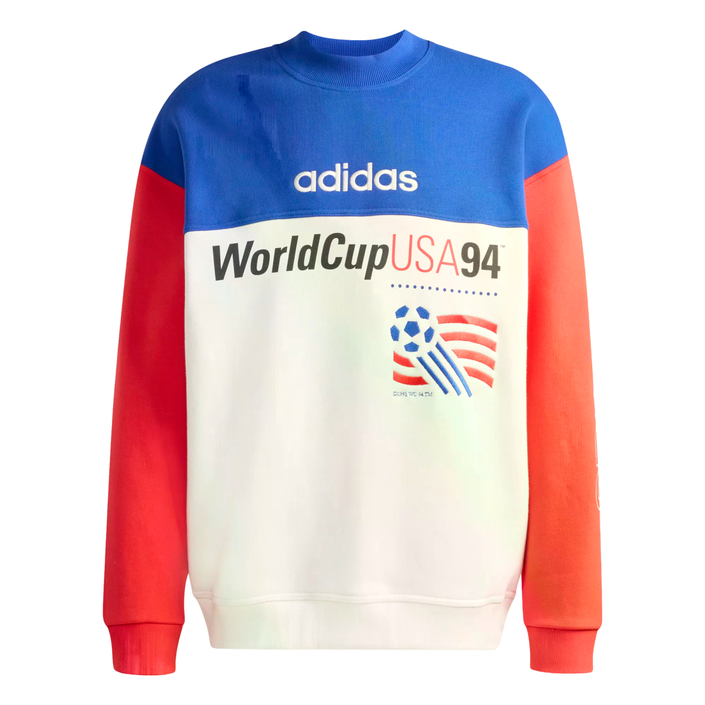 A color-blocked adidas sweatshirt commemorating World Cup USA 94. It features a blue upper panel with a white adidas logo, red sleeves, and a white lower section with the text "WorldCupUSA94" and the tournament's official soccer ball logo.