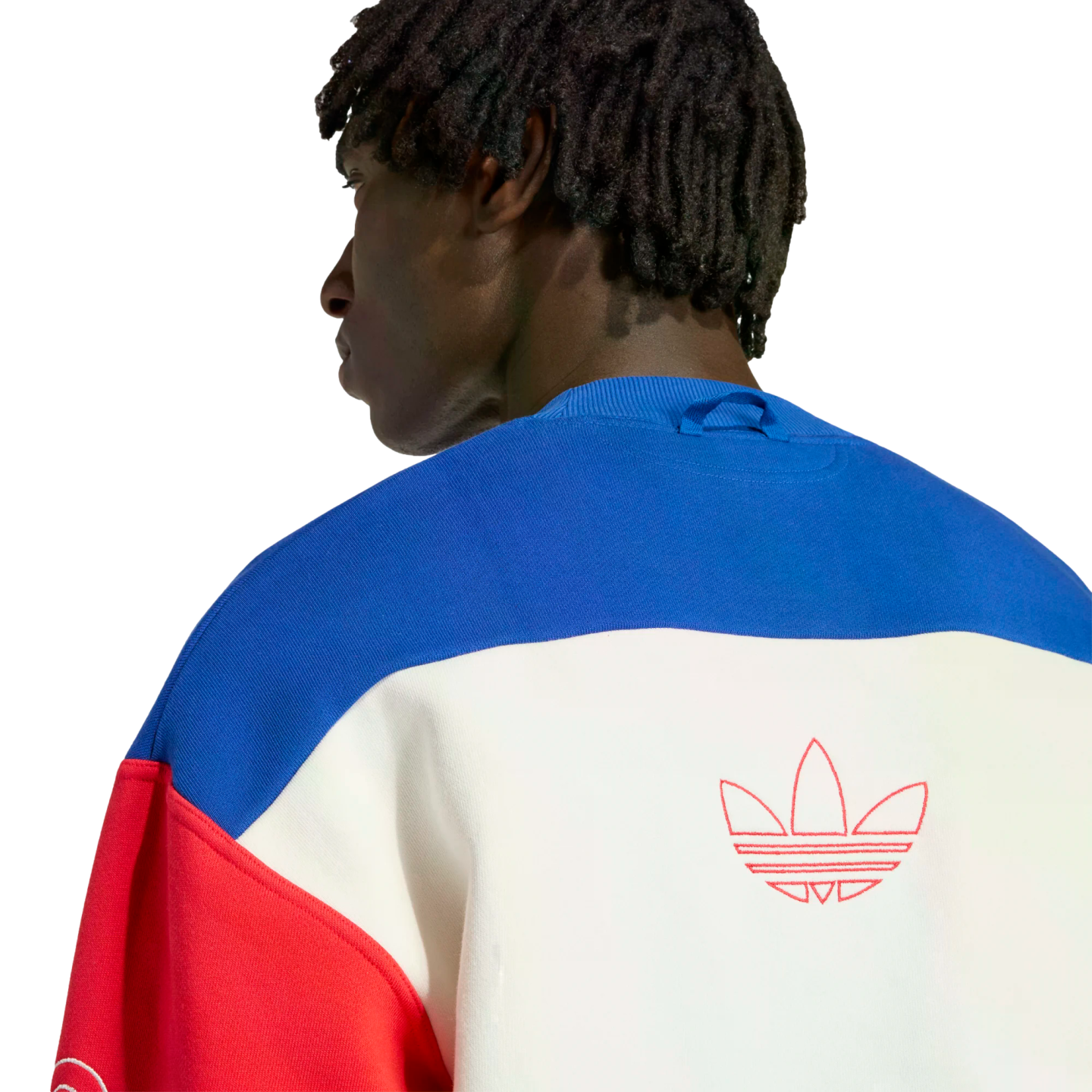 A back view of a person with dreadlocks wearing a blue, white, and red color-blocked Adidas sweatshirt with a large red Trefoil logo outline on the back.