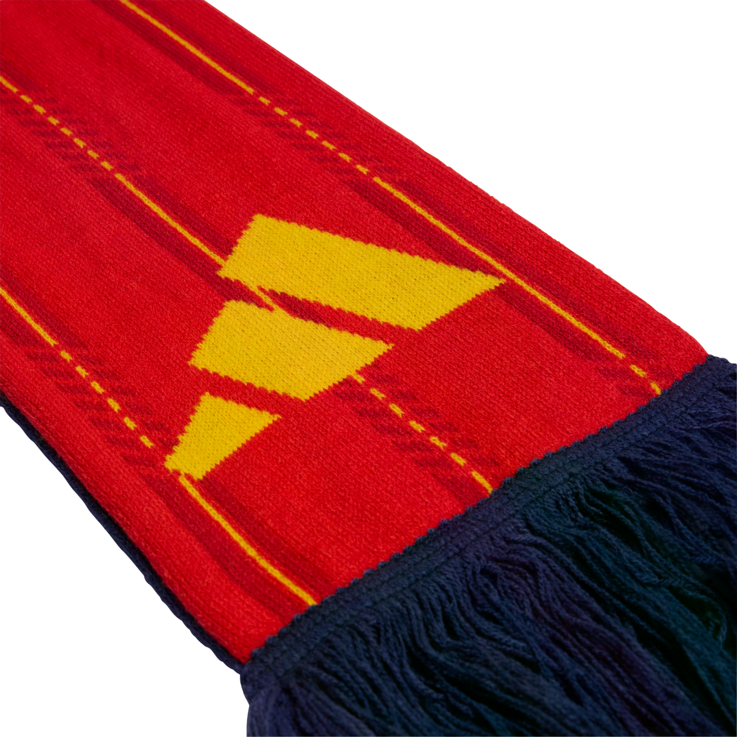 Close-up of a red knit scarf featuring yellow stripes and a yellow Adidas logo, finished with dark blue fringe tassels.